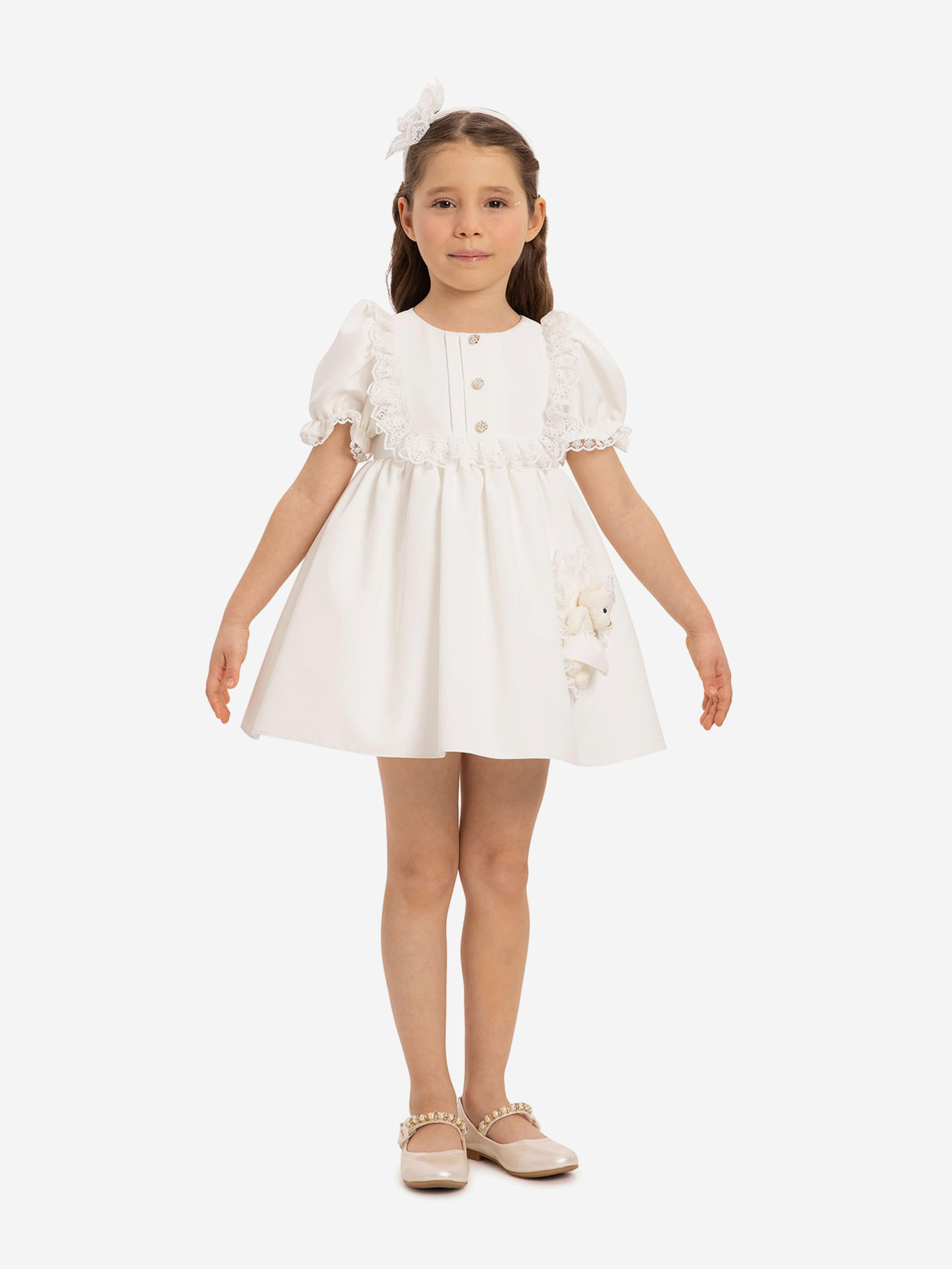 DRESS & Fleur Baby Girls White Jacquard Dress Set with Teddy Bear