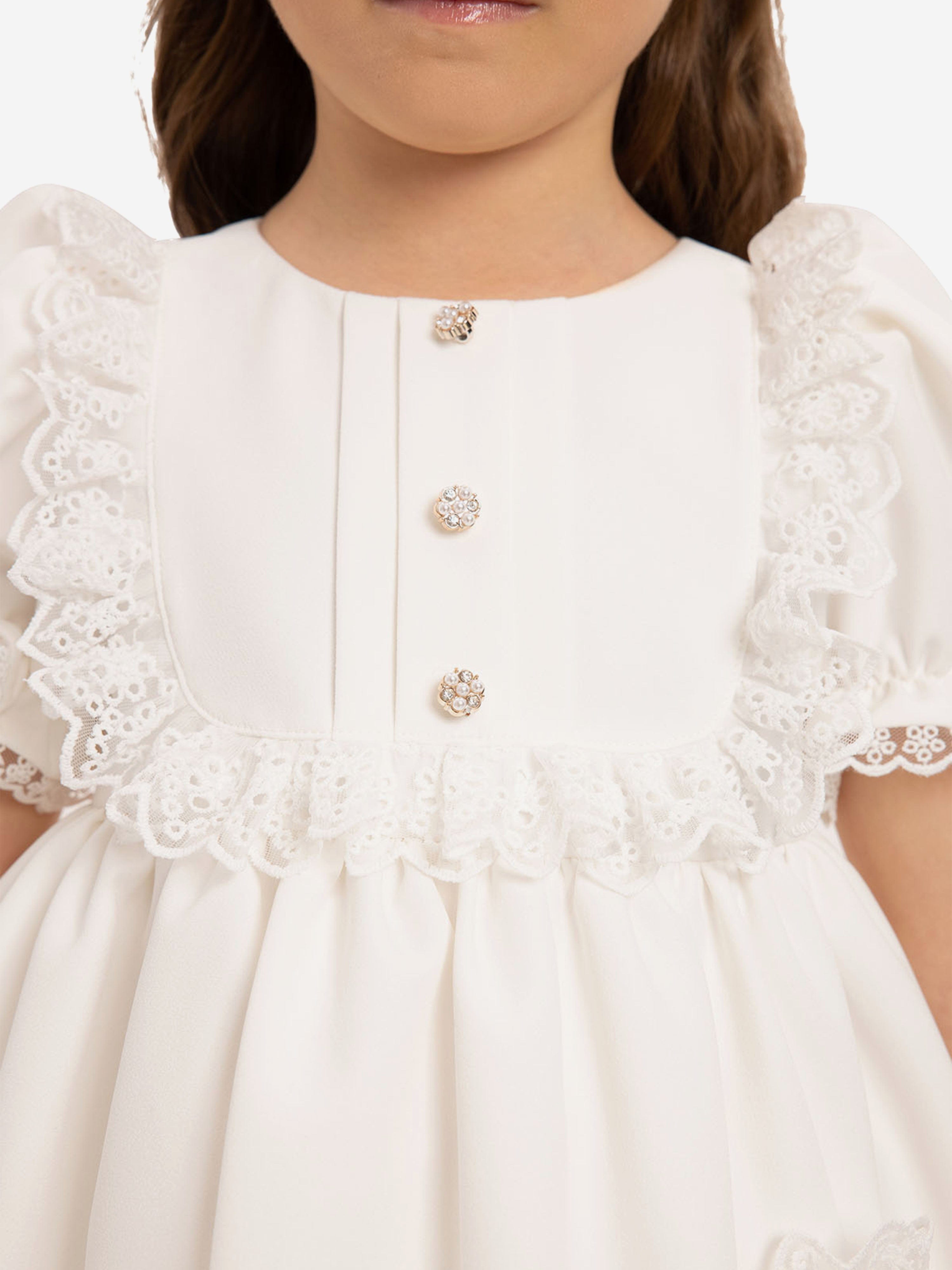 DRESS & Fleur Baby Girls White Jacquard Dress Set with Teddy Bear
