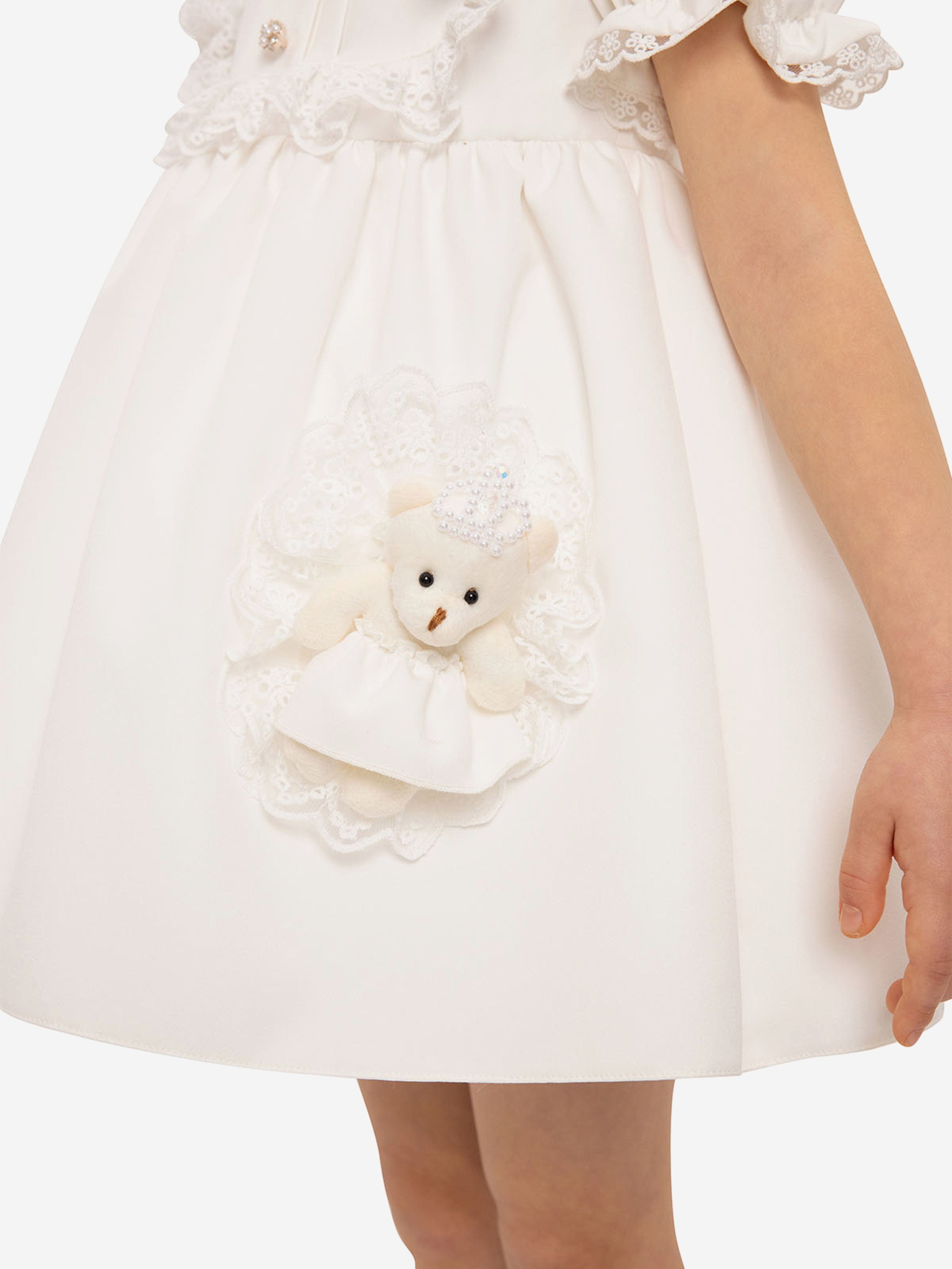 DRESS & Fleur Baby Girls White Jacquard Dress Set with Teddy Bear