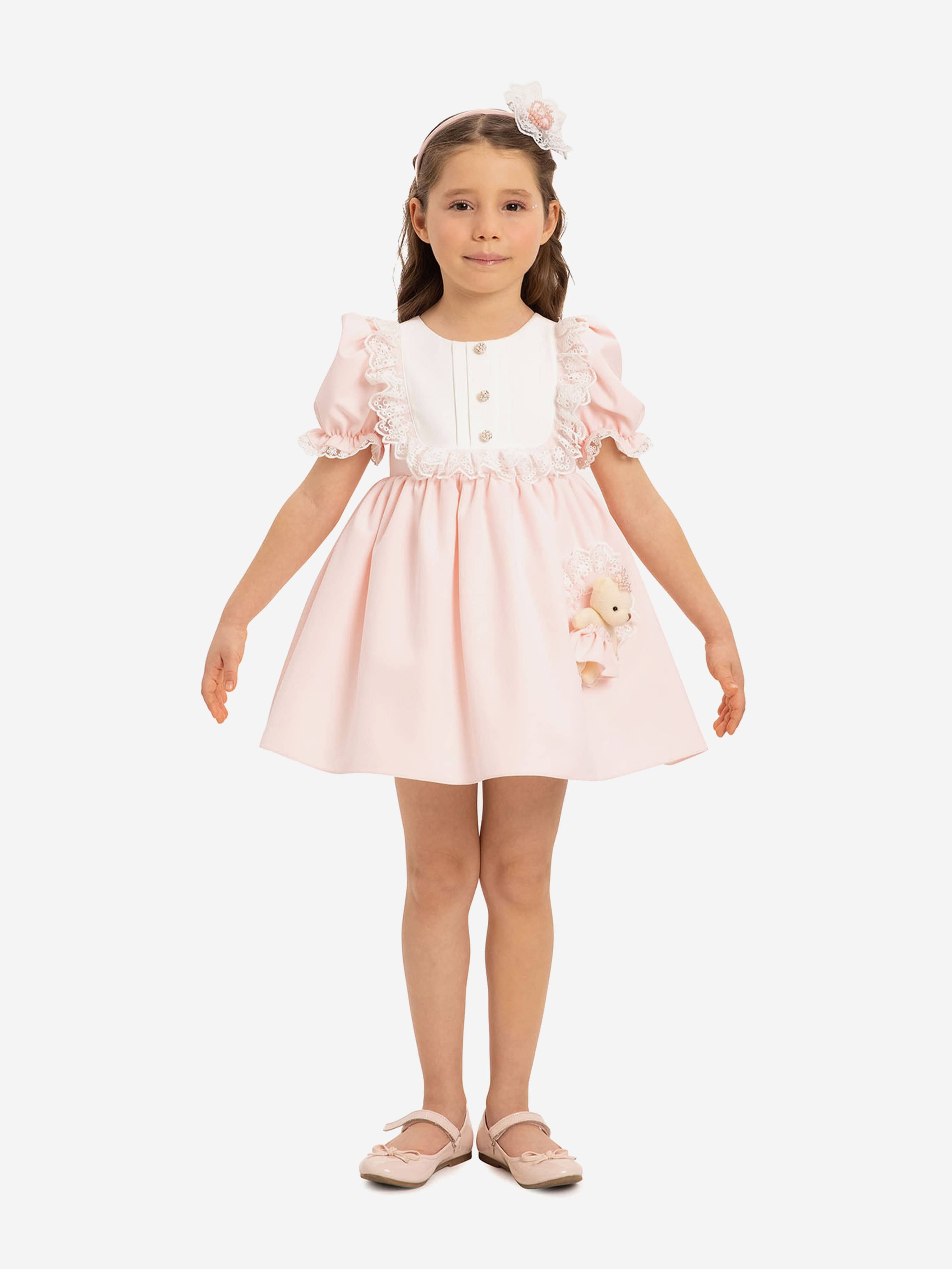 DRESS & Fleur Baby Girls Pink Jacquard Dress Set with Teddy Bear