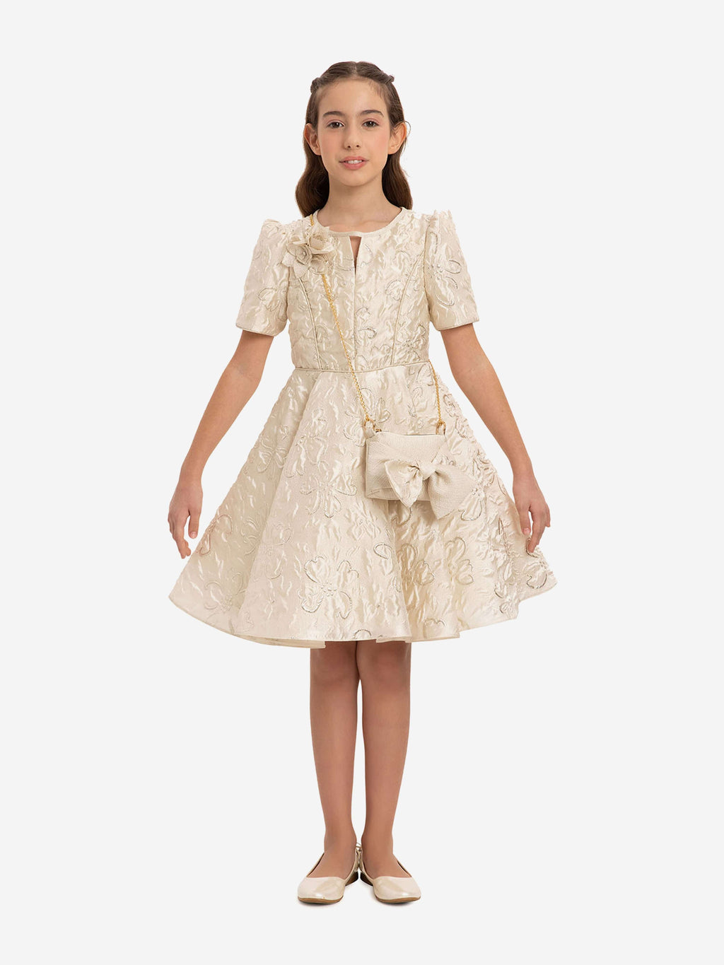 DRESS & Fleur Girls Beige Jacquard Floral Dress with Matching Bag