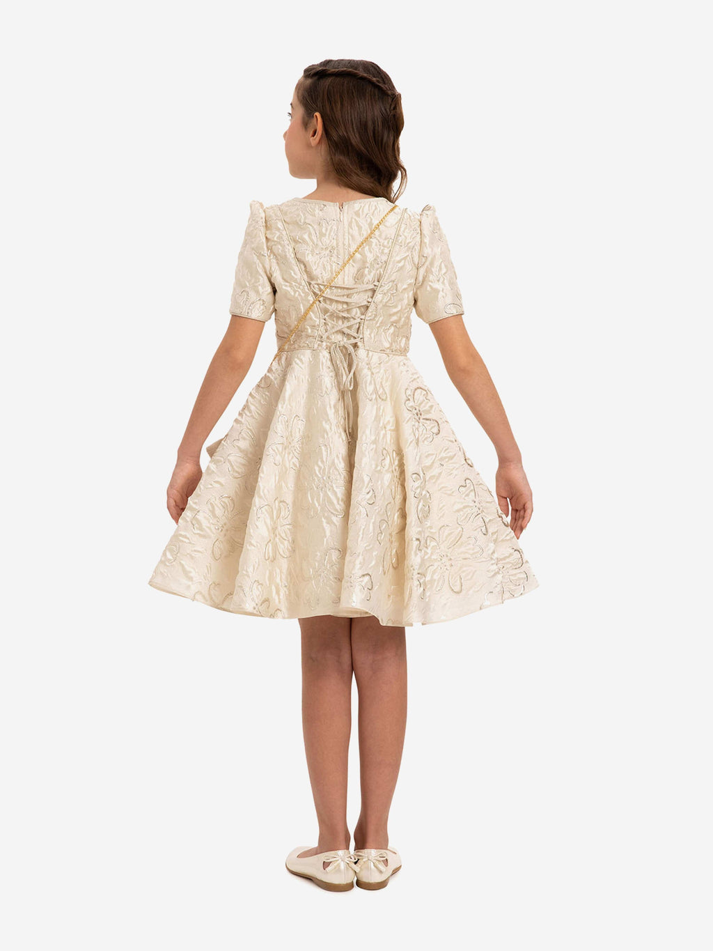 DRESS & Fleur Girls Beige Jacquard Floral Dress with Matching Bag