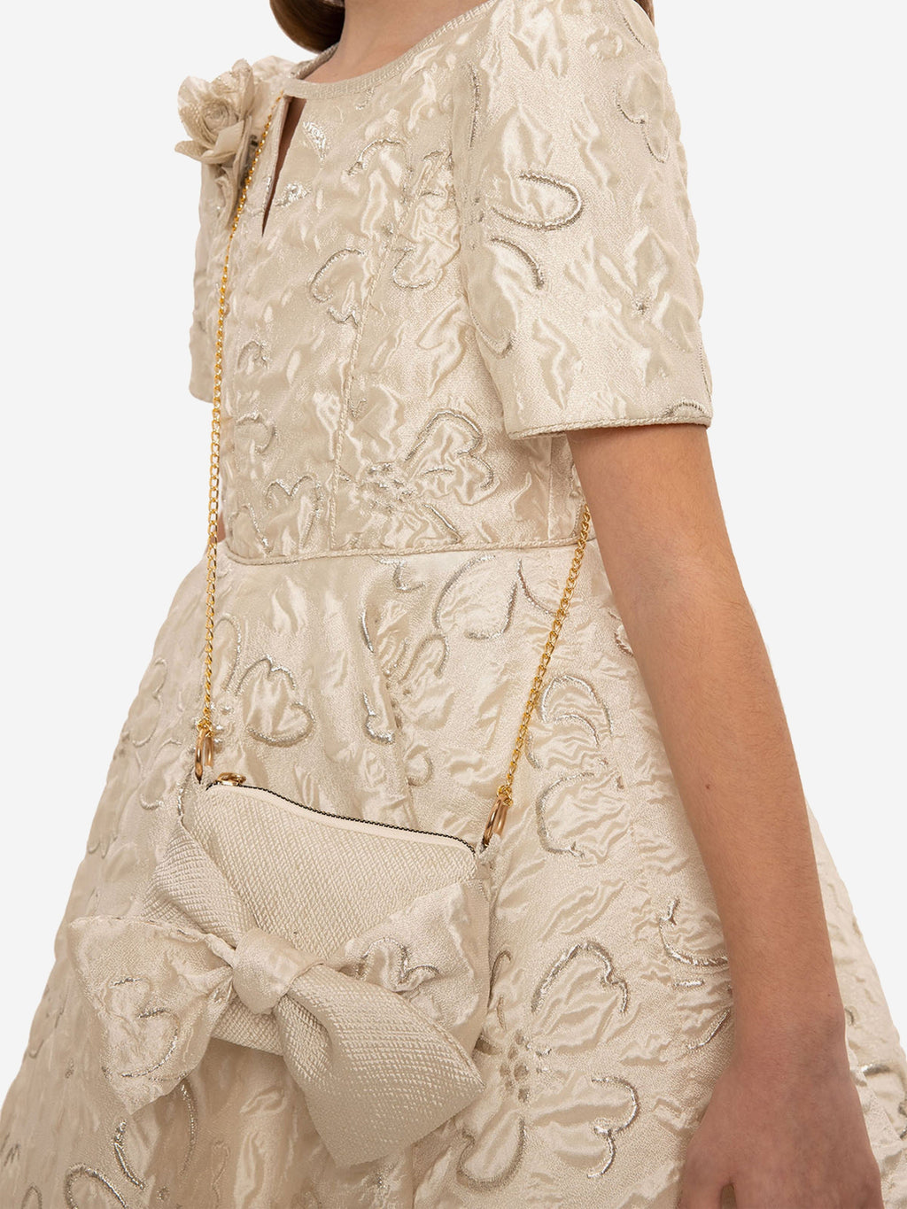 DRESS & Fleur Girls Beige Jacquard Floral Dress with Matching Bag
