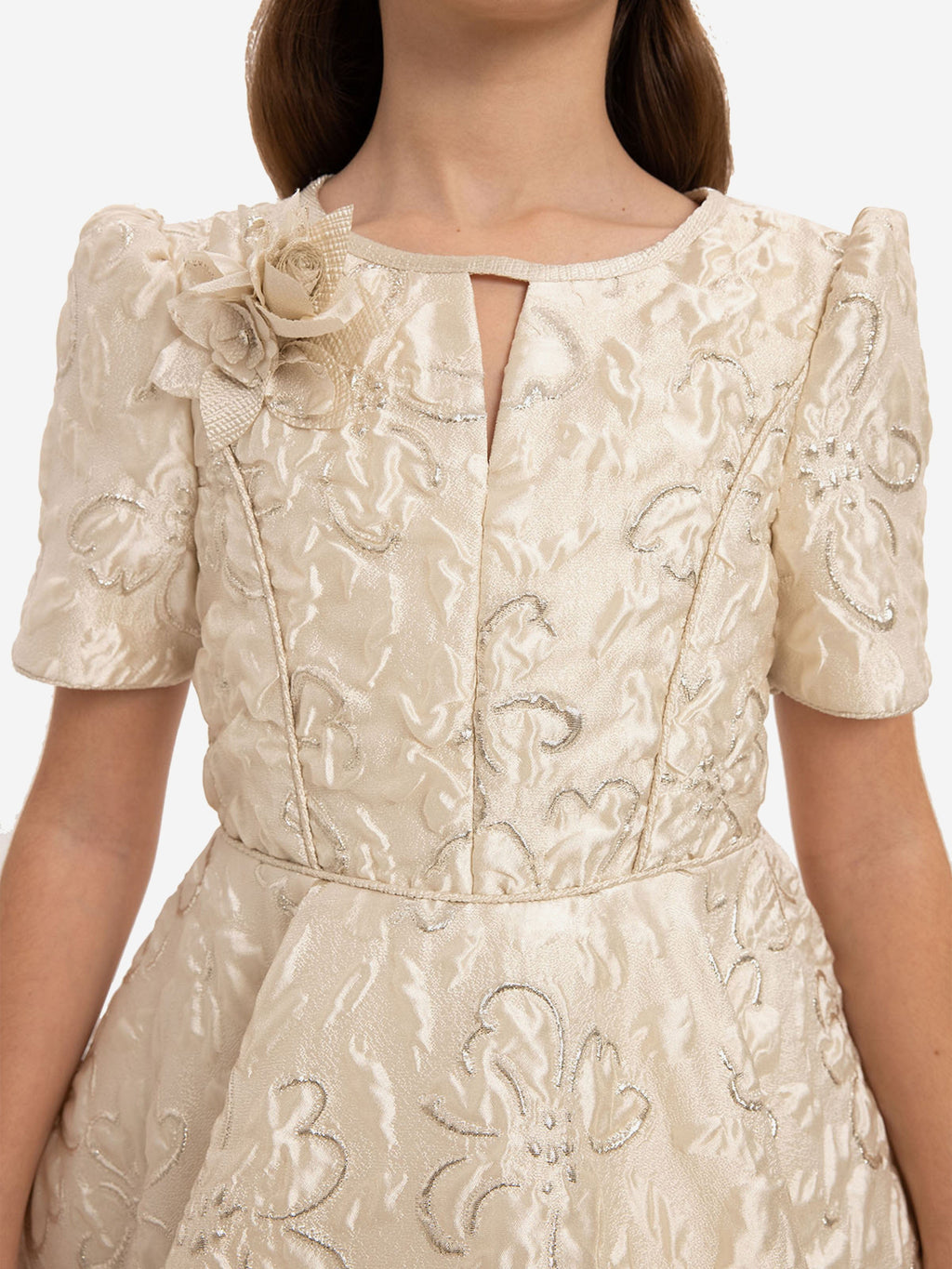 DRESS & Fleur Girls Beige Jacquard Floral Dress with Matching Bag