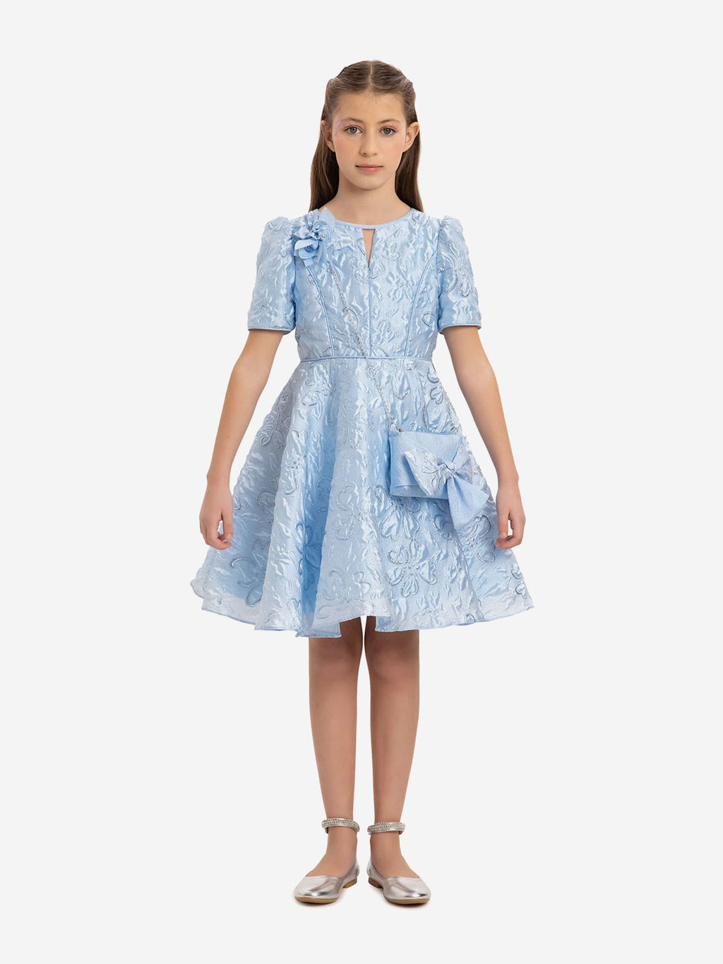 DRESS & Fleur Girls Blue Jacquard Floral Dress and Matching Bag Set