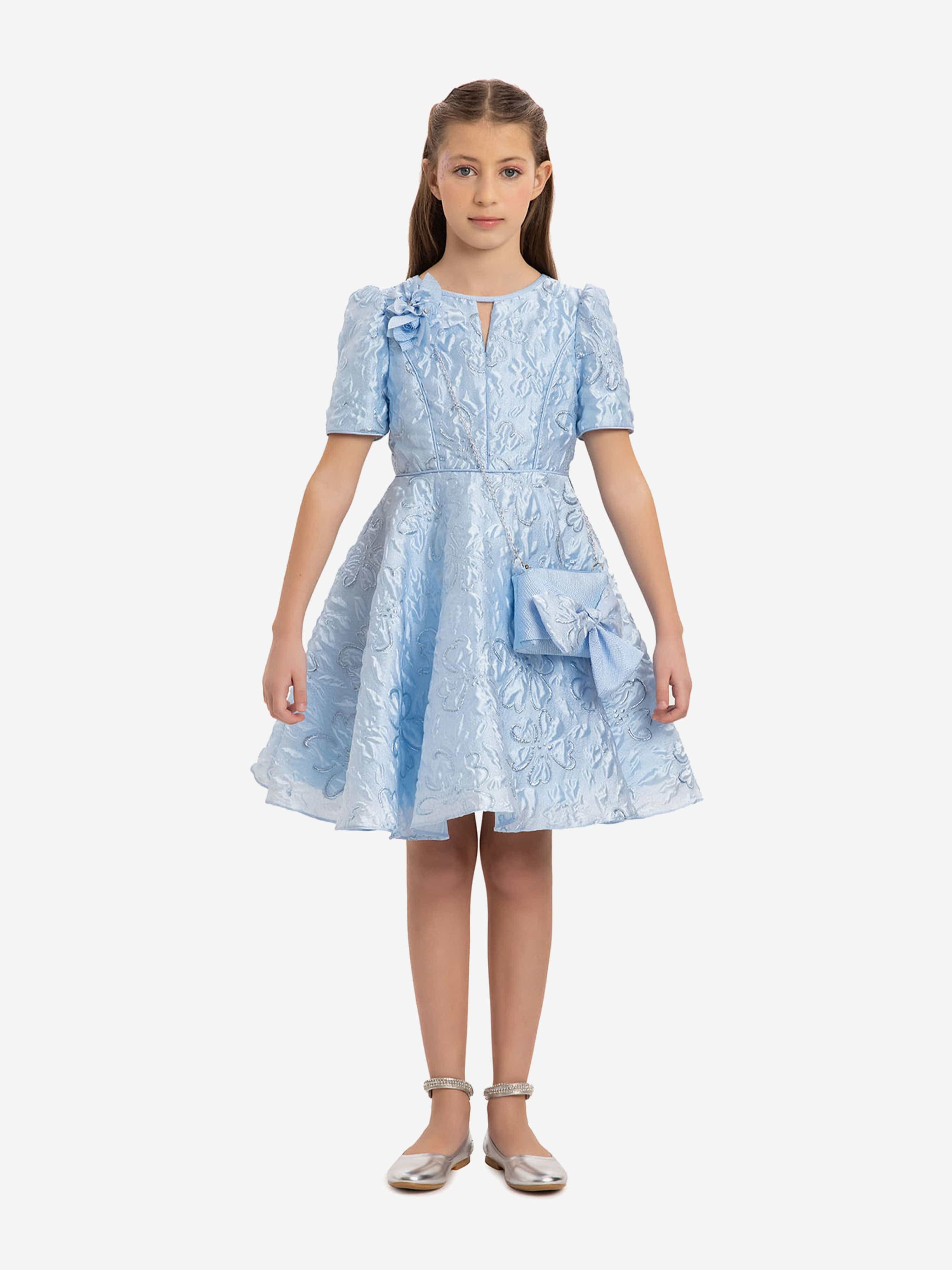 DRESS & Fleur Girls Blue Jacquard Floral Dress and Matching Bag Set