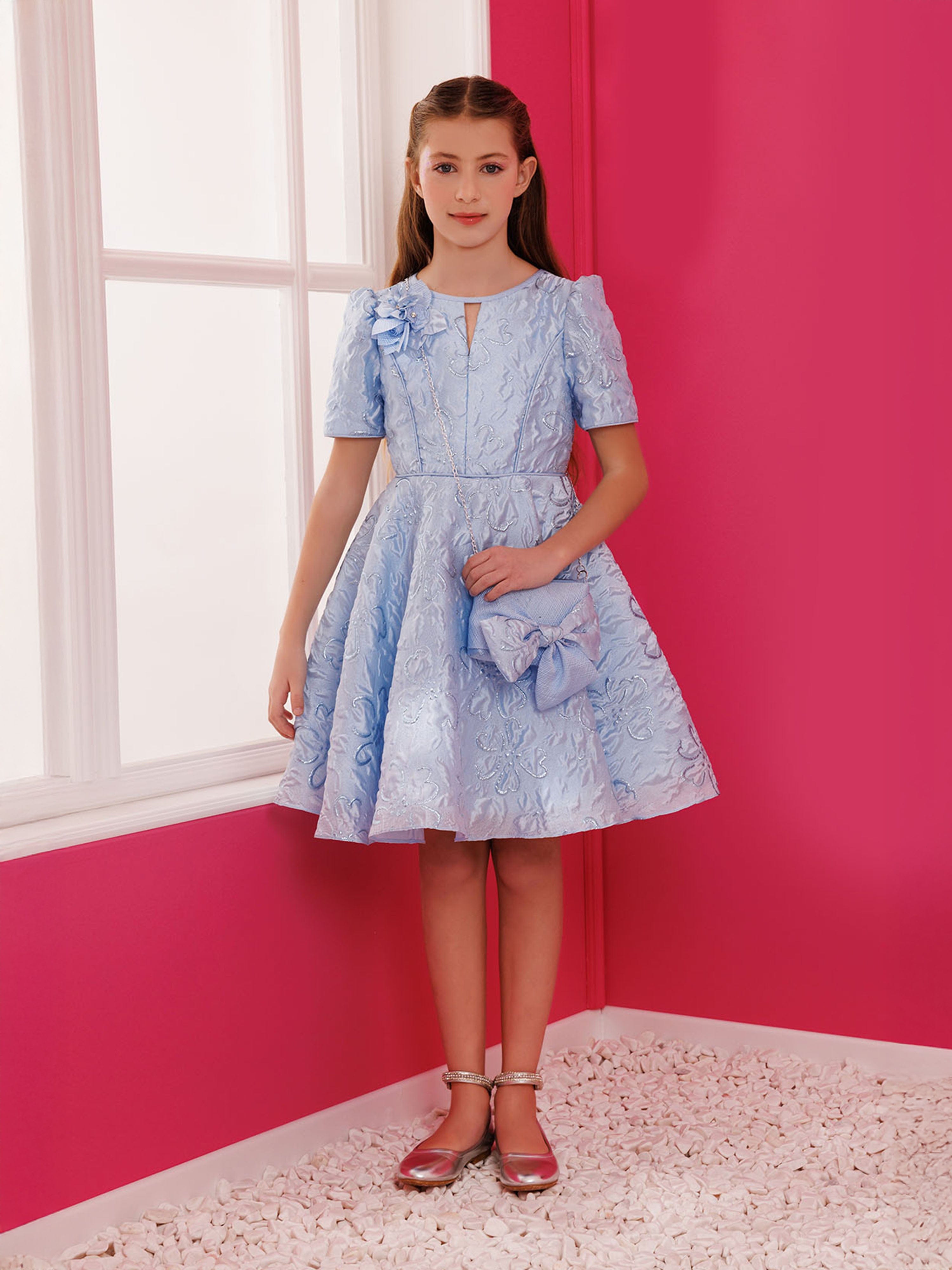 DRESS & Fleur Girls Blue Jacquard Floral Dress and Matching Bag Set