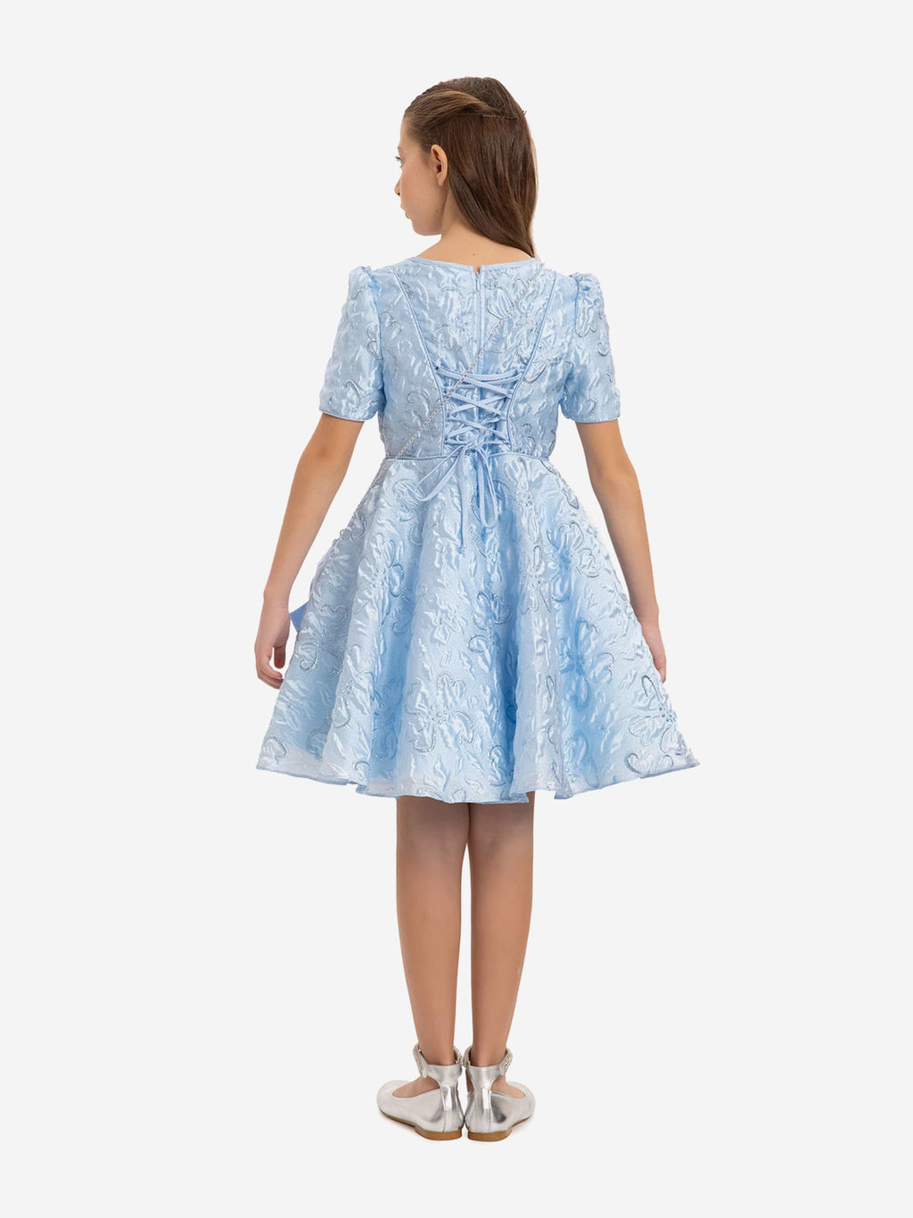 DRESS & Fleur Girls Blue Jacquard Floral Dress and Matching Bag Set