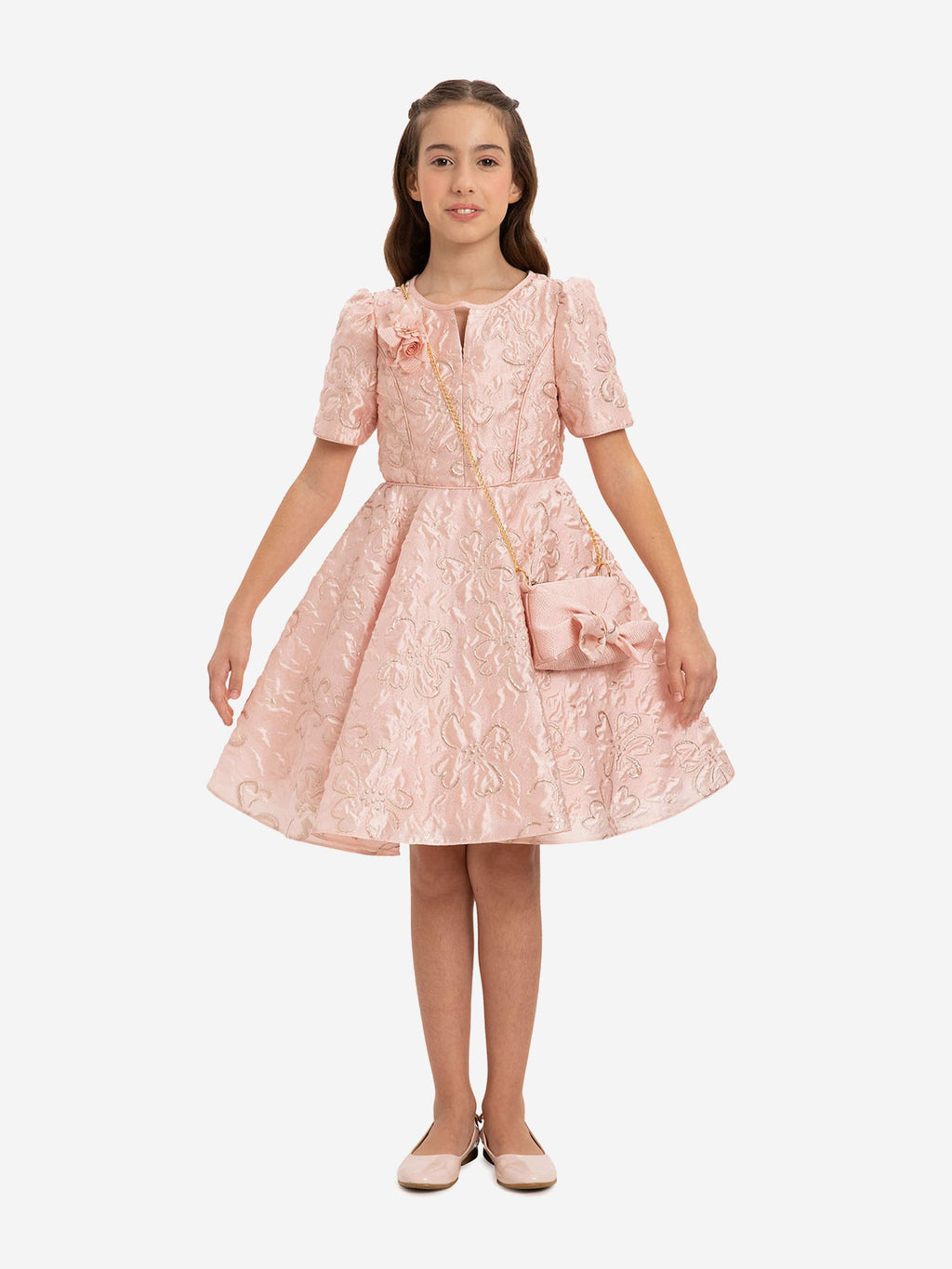 DRESS & Fleur Girls Pink Jacquard Elegant Dress and Bag 2-Piece Set