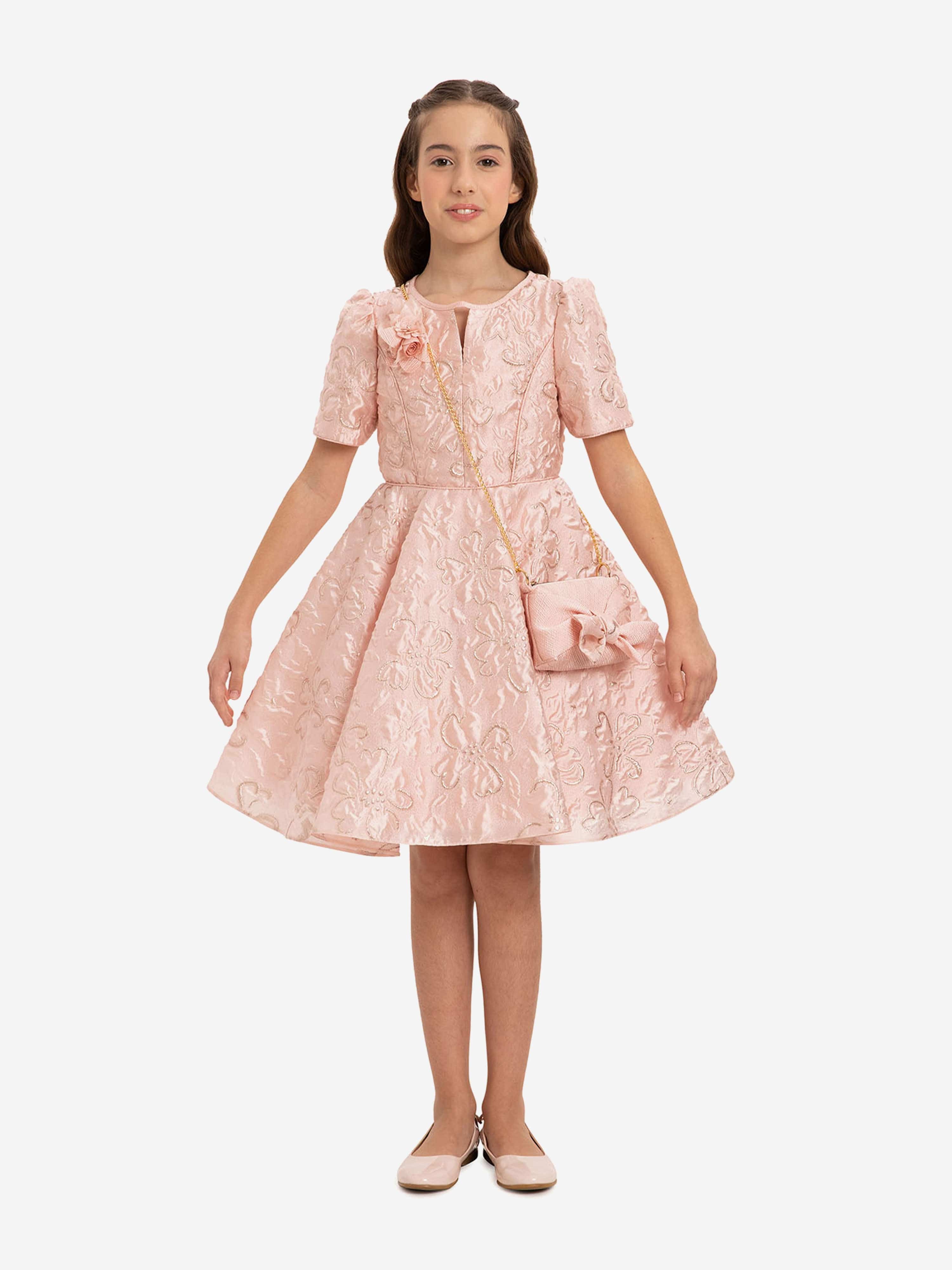DRESS & Fleur Girls Pink Jacquard Elegant Dress and Bag 2-Piece Set
