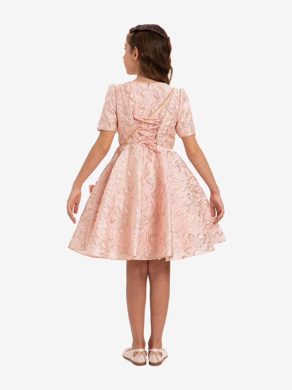 DRESS & Fleur Girls Pink Jacquard Elegant Dress and Bag 2-Piece Set