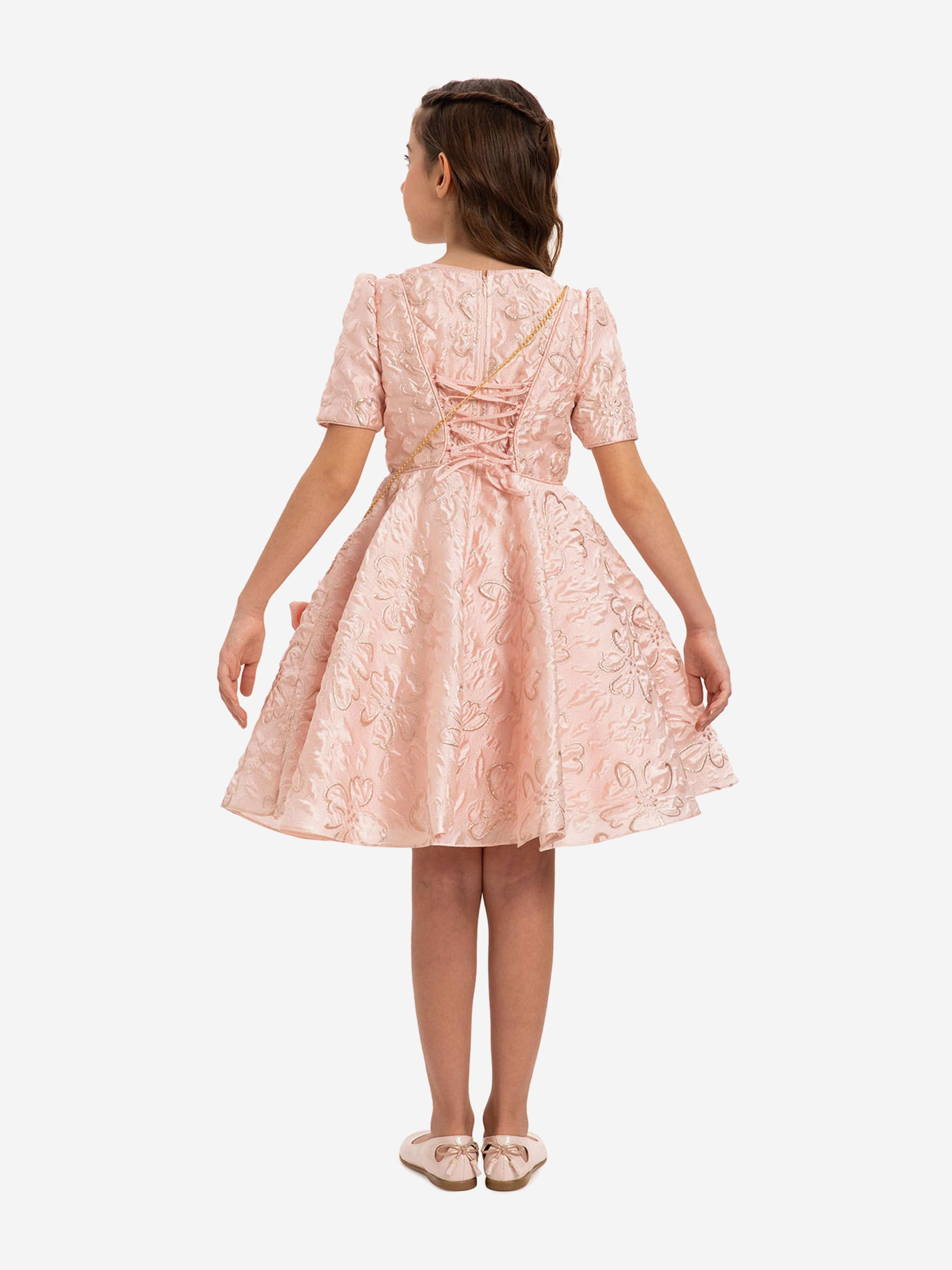 DRESS & Fleur Girls Pink Jacquard Elegant Dress and Bag 2-Piece Set
