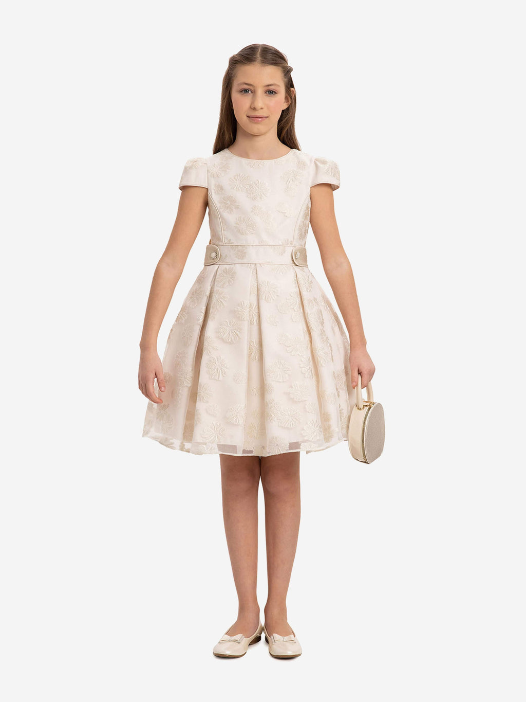 DRESS & Fleur Girls Floral Embroidered Dress and Bag Set in Beige