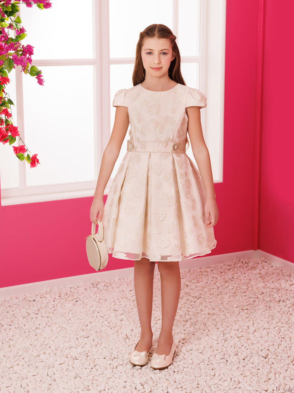 DRESS & Fleur Girls Floral Embroidered Dress and Bag Set in Beige