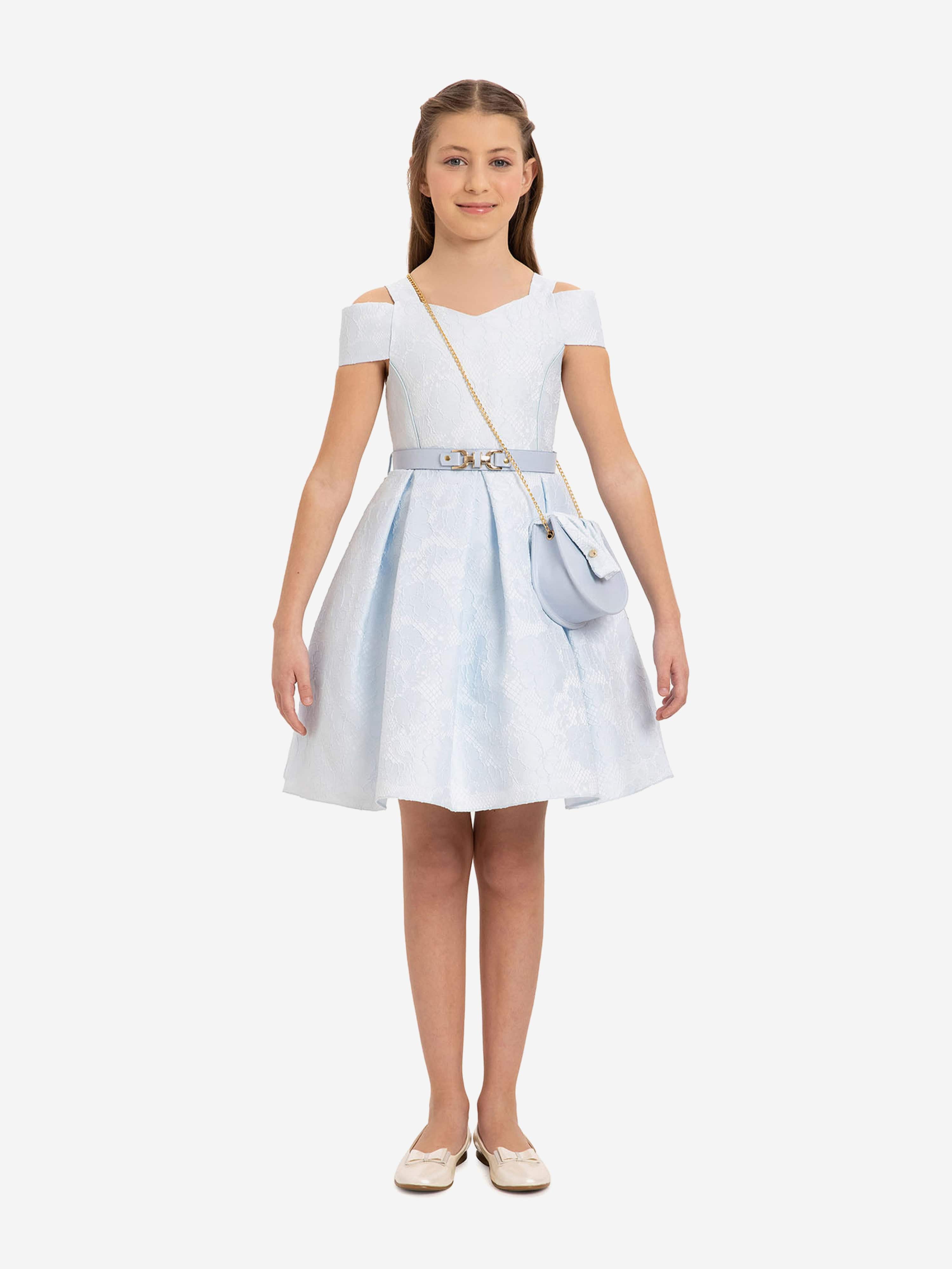 DRESS & Fleur Girls Blue Floral Jacquard Dress with Bag and Belt