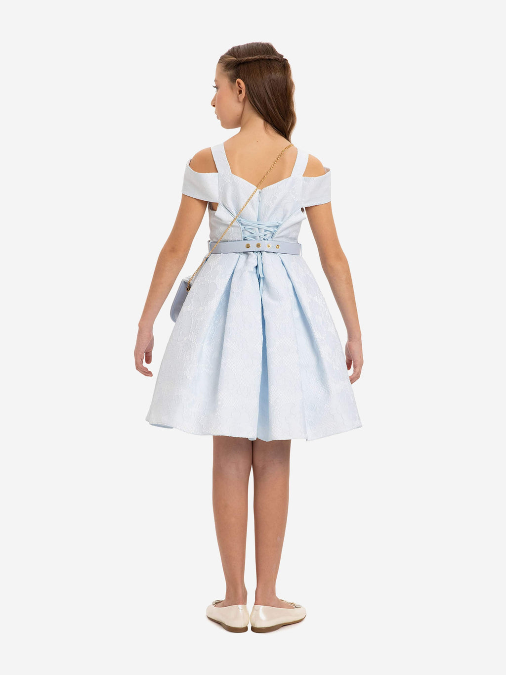 DRESS & Fleur Girls Blue Floral Jacquard Dress with Bag and Belt
