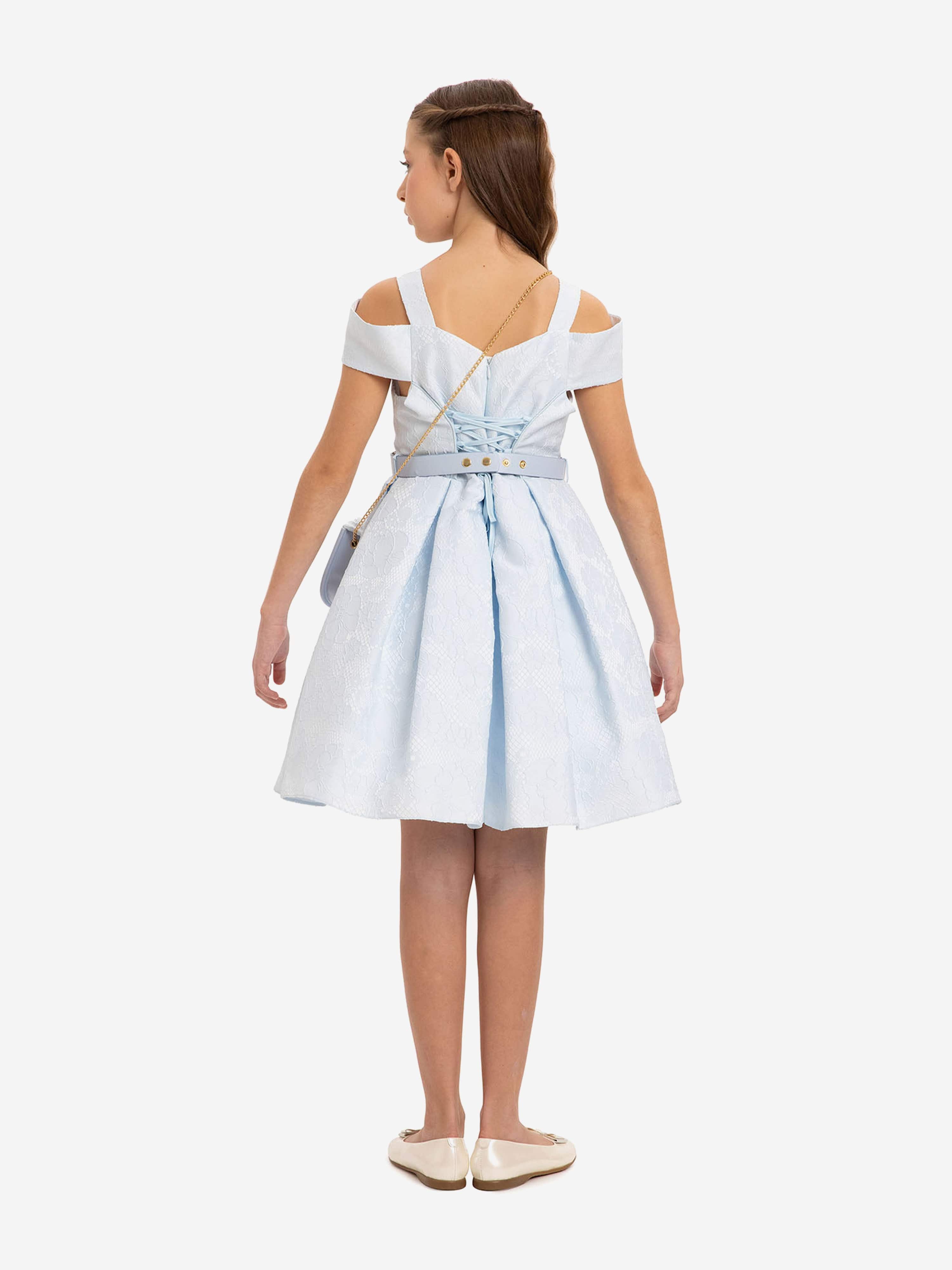 DRESS & Fleur Girls Blue Floral Jacquard Dress with Bag and Belt
