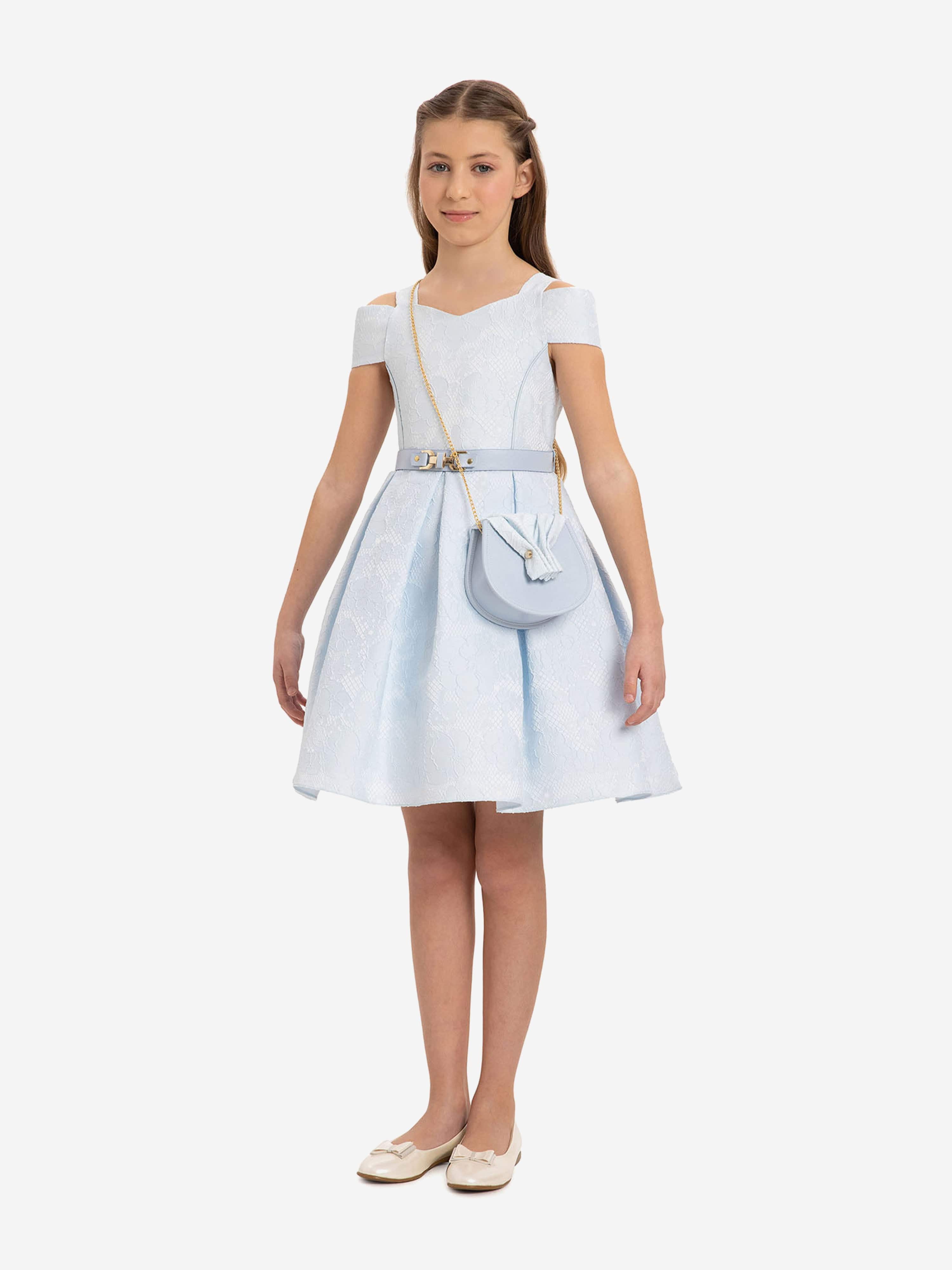 DRESS & Fleur Girls Blue Floral Jacquard Dress with Bag and Belt
