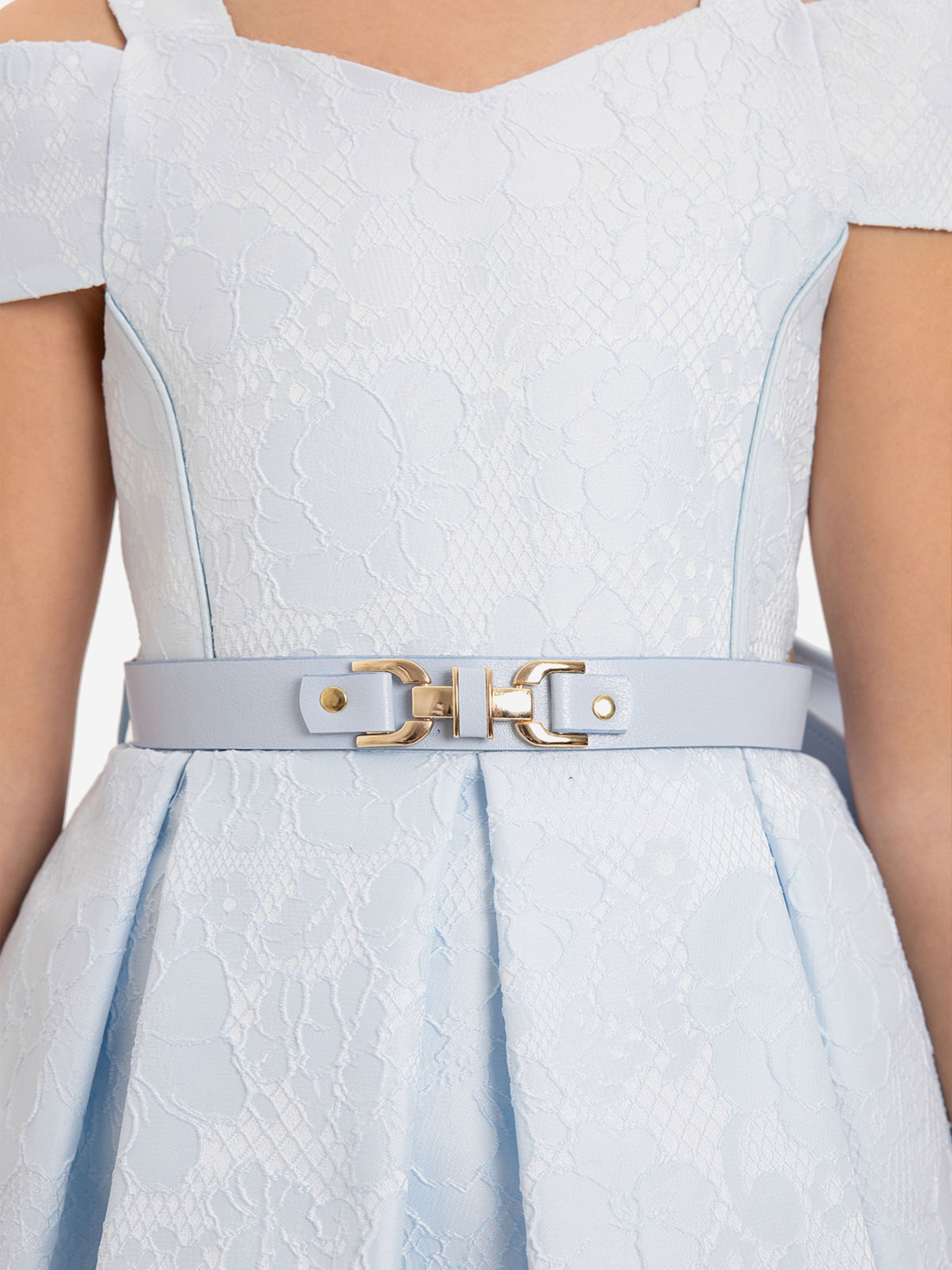 DRESS & Fleur Girls Blue Floral Jacquard Dress with Bag and Belt