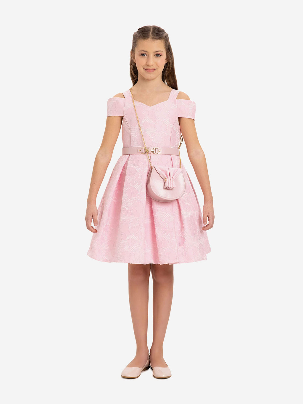 DRESS & Fleur Girls Pink Floral Jacquard Dress with Bag and Belt