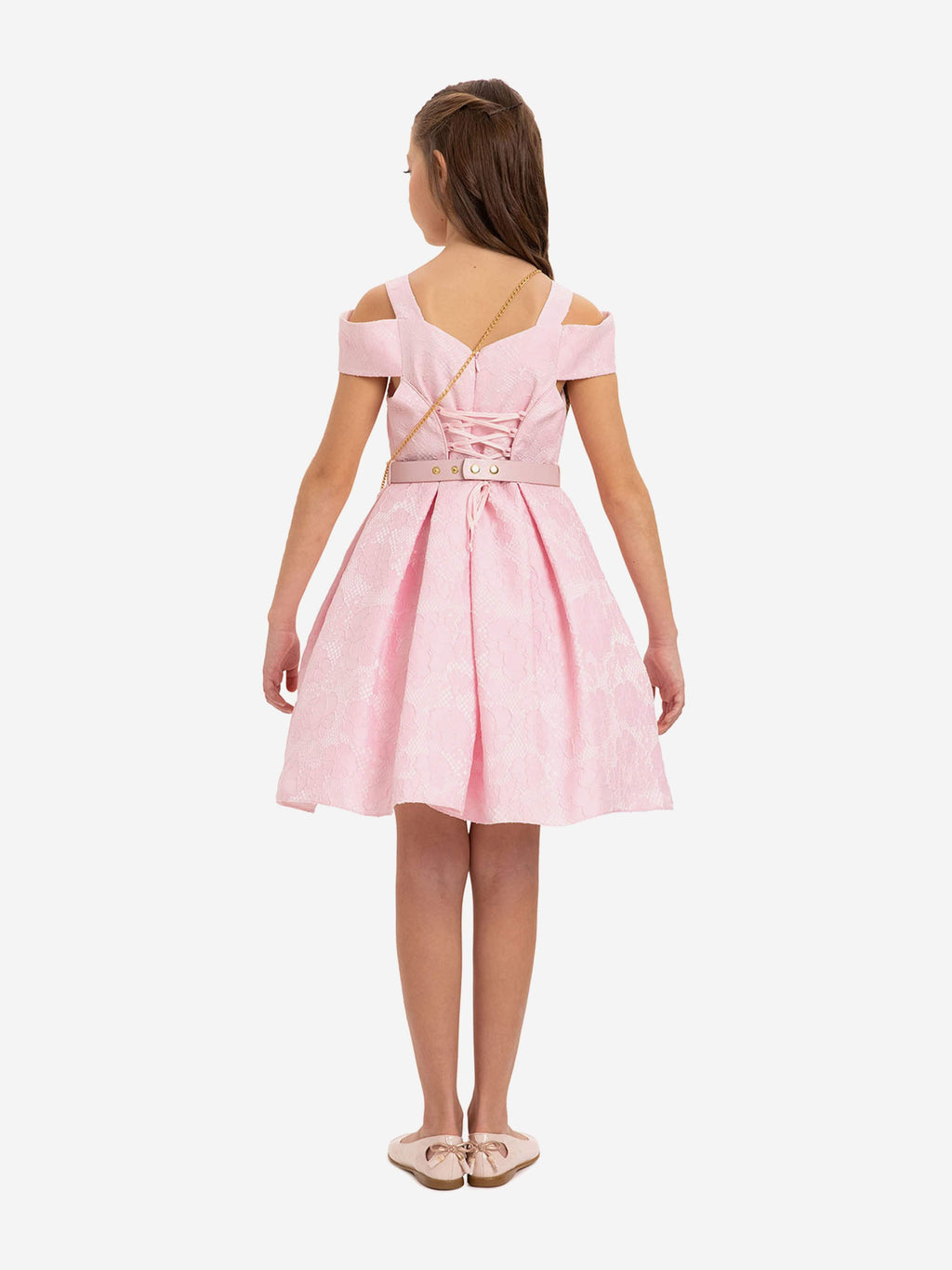 DRESS & Fleur Girls Pink Floral Jacquard Dress with Bag and Belt