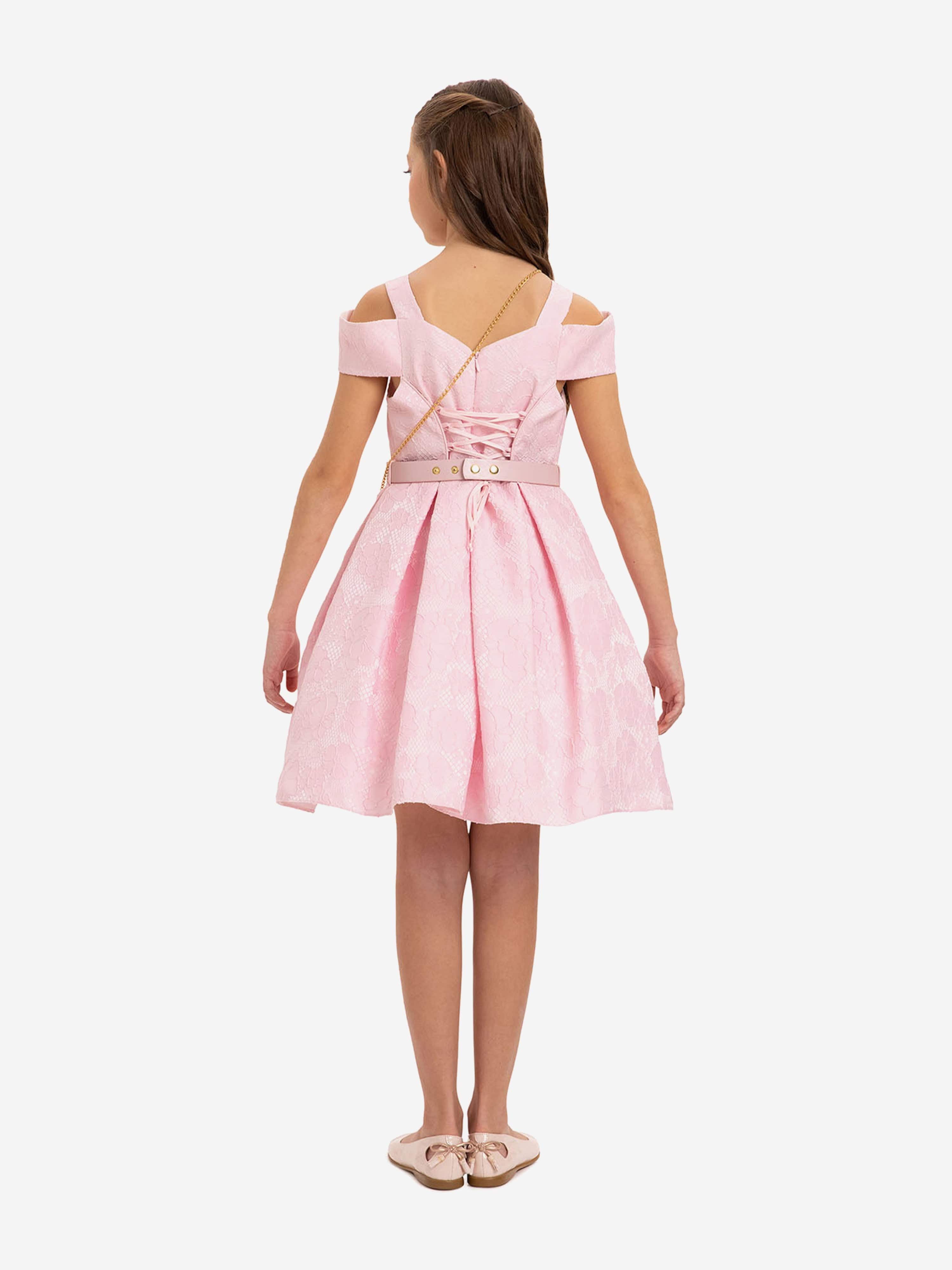 DRESS & Fleur Girls Pink Floral Jacquard Dress with Bag and Belt