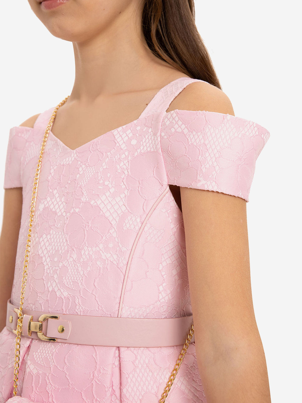 DRESS & Fleur Girls Pink Floral Jacquard Dress with Bag and Belt