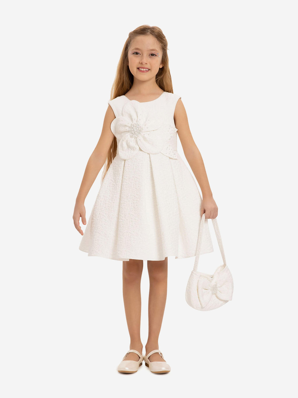 DRESS & Fleur Girls White Jacquard Dress with 3D Floral Bag