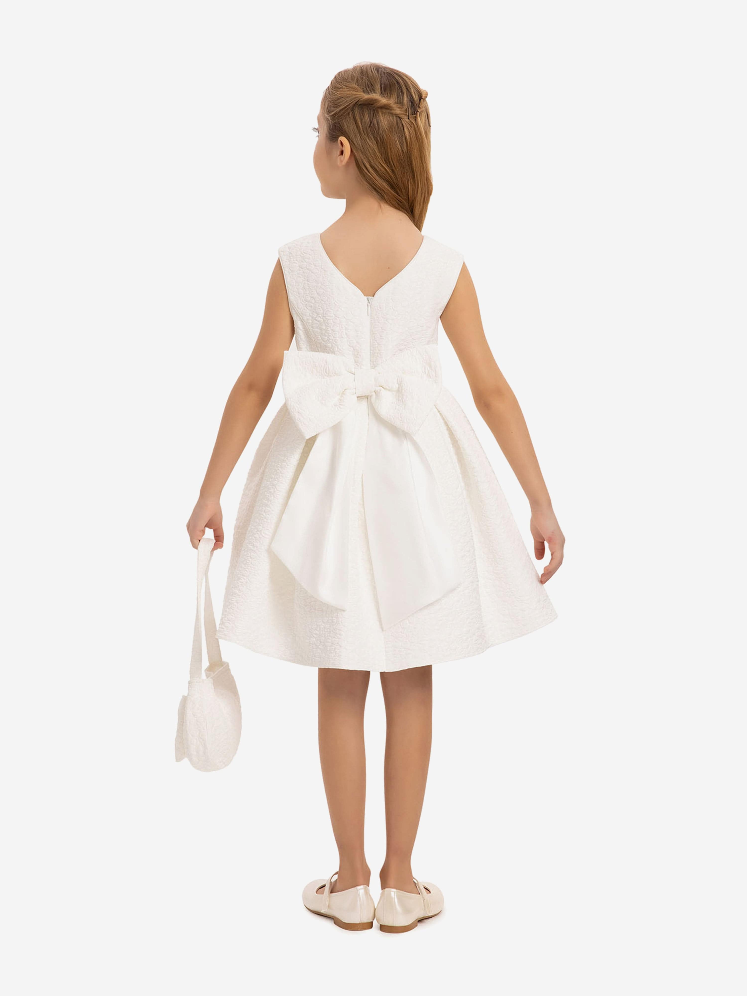 DRESS & Fleur Girls White Jacquard Dress with 3D Floral Bag