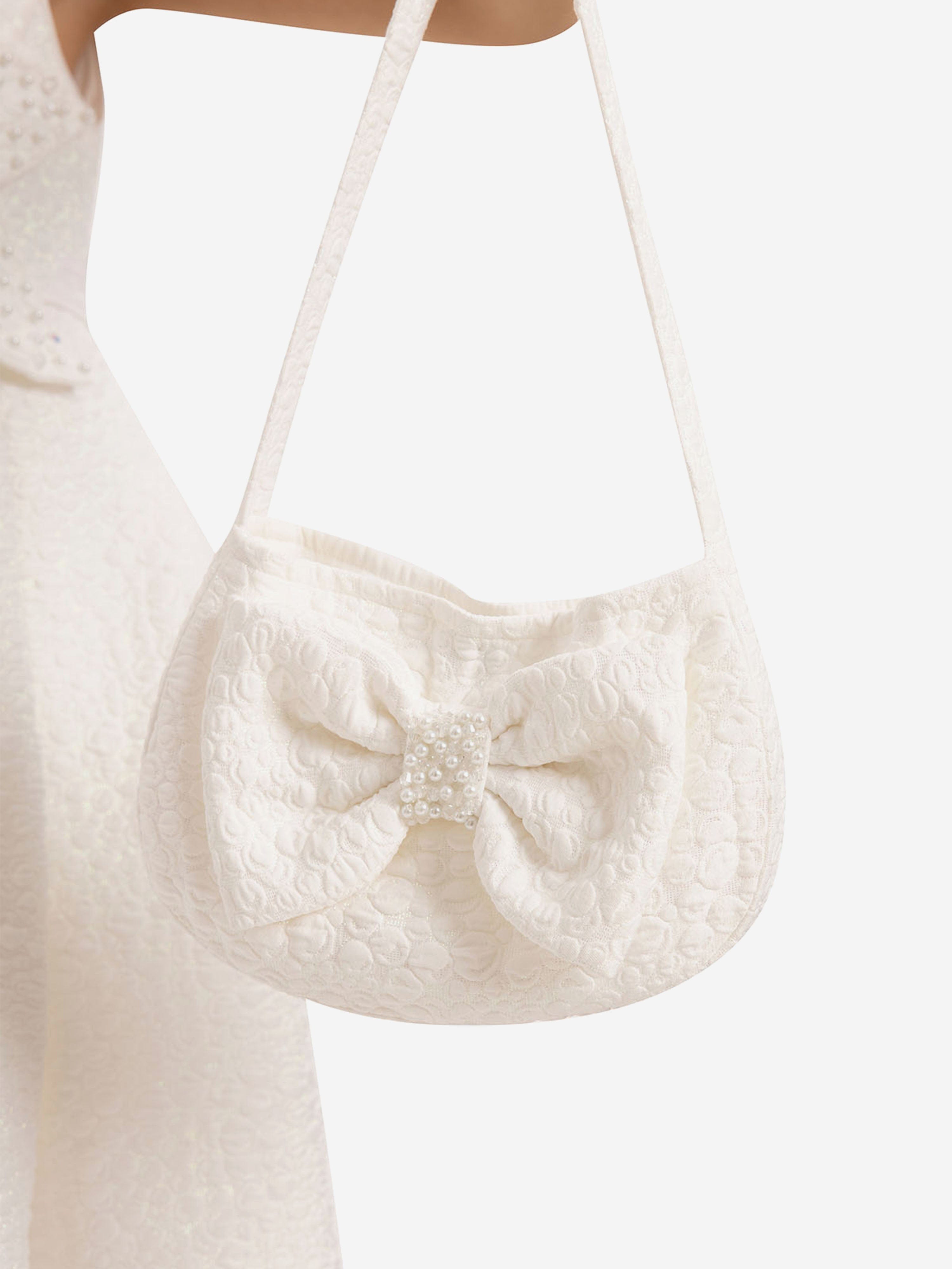 DRESS & Fleur Girls White Jacquard Dress with 3D Floral Bag