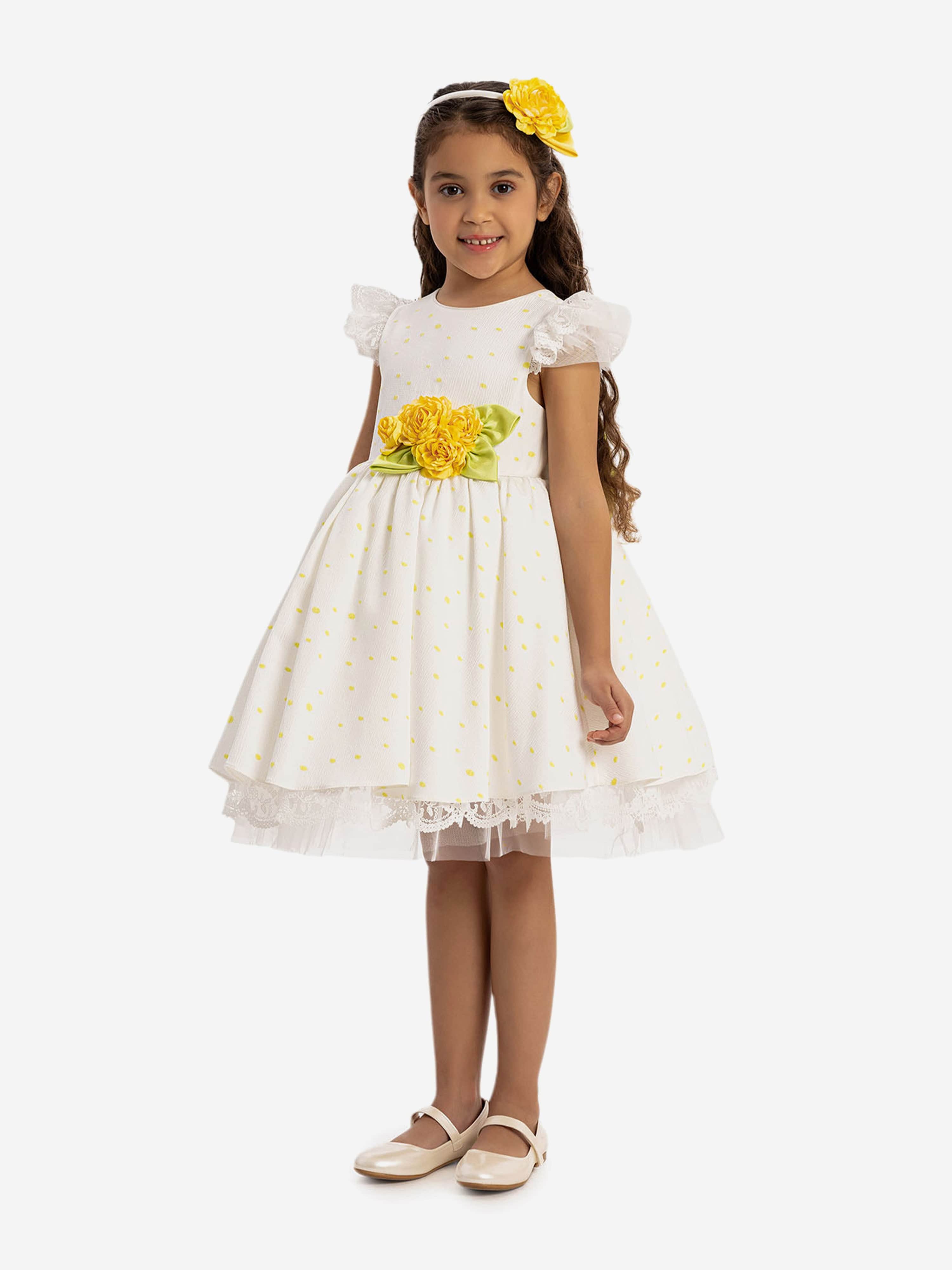 DRESS & Fleur Girls Polka Dot Dress and Headband Set in Yellow