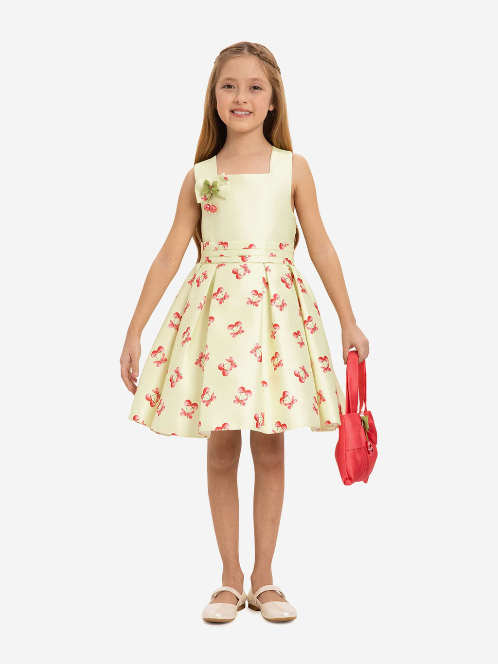 DRESS & Fleur Girls Cherry Print Dress with Matching Bag - Green