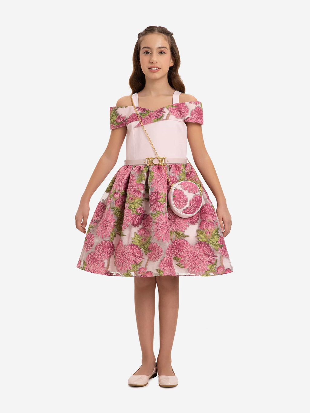 DRESS & Fleur Girls Pink Jacquard Floral Dress and Bag Set