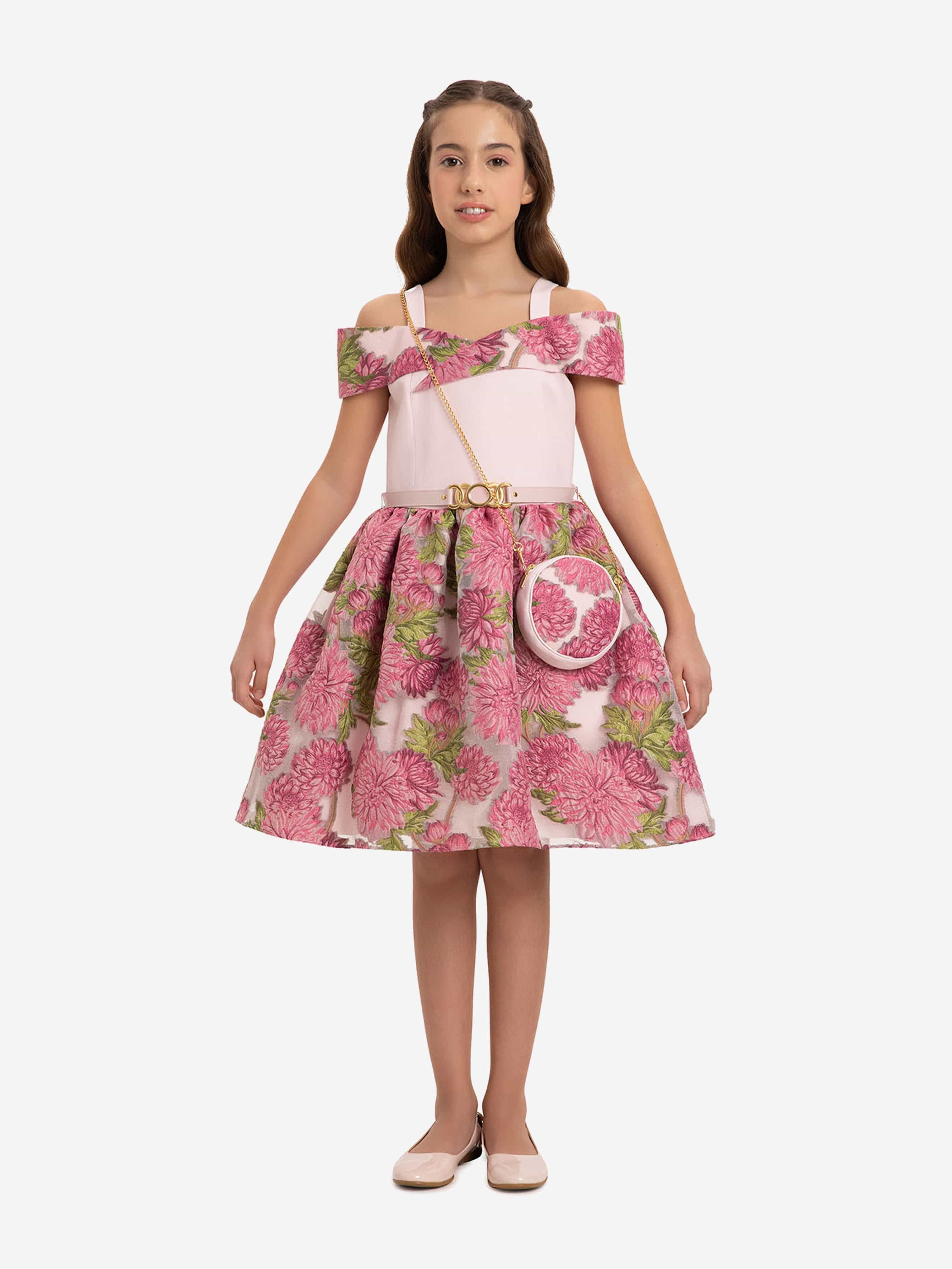 DRESS & Fleur Girls Pink Jacquard Floral Dress and Bag Set