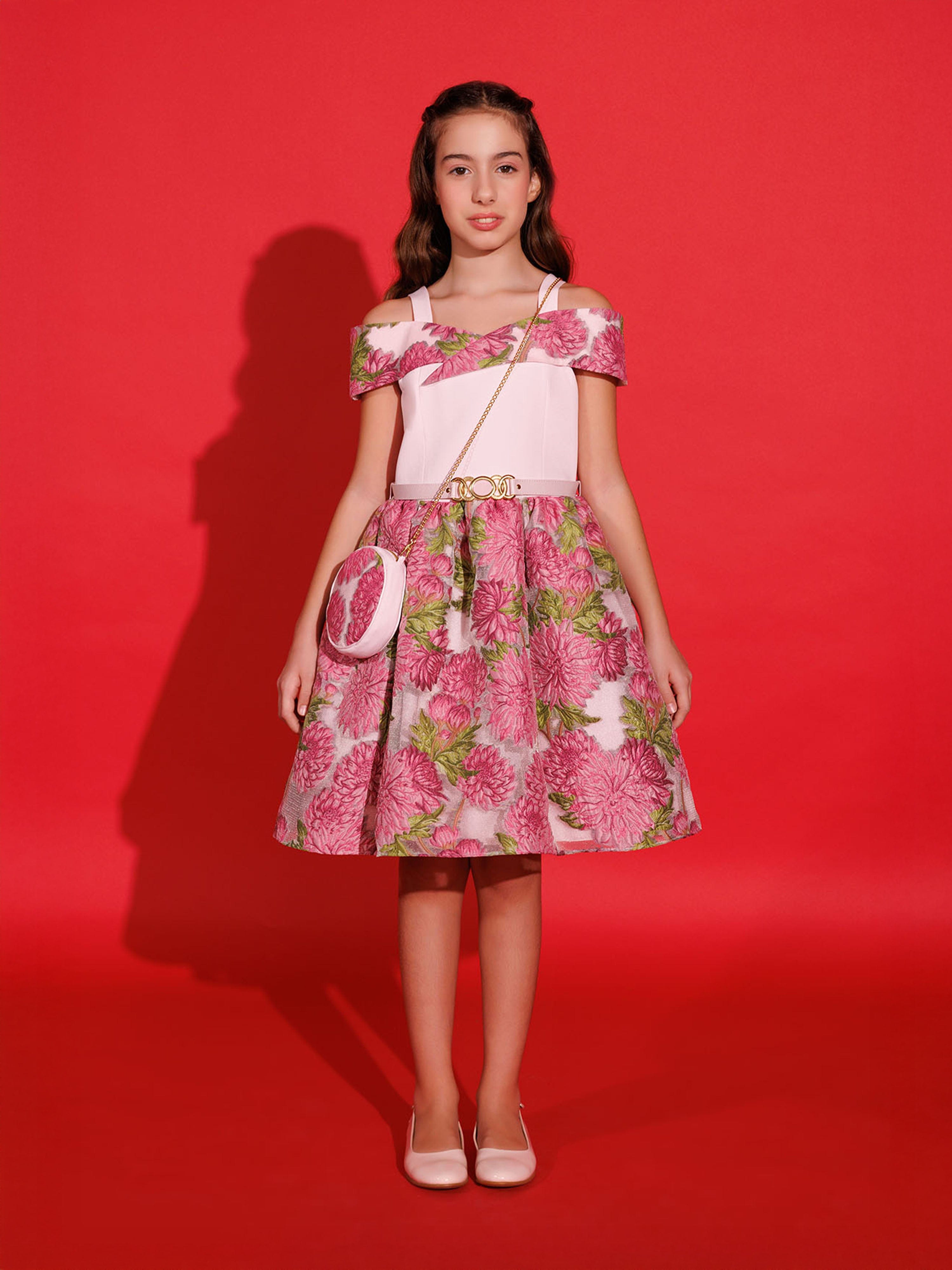DRESS & Fleur Girls Pink Jacquard Floral Dress and Bag Set