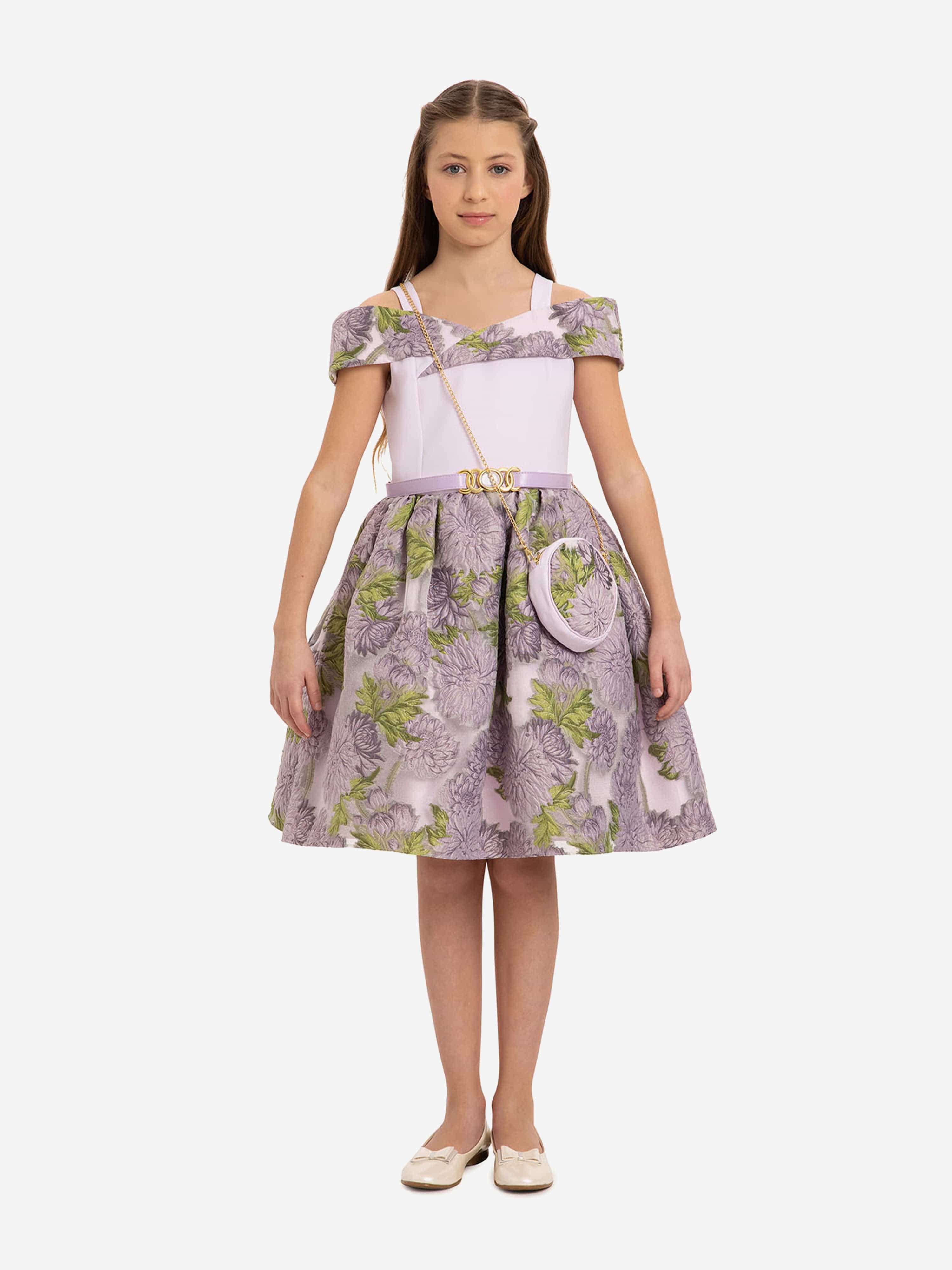 DRESS & Fleur Girls Purple Jacquard Floral Dress and Bag Set