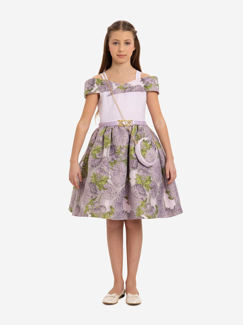 DRESS & Fleur Girls Purple Jacquard Floral Dress and Bag Set