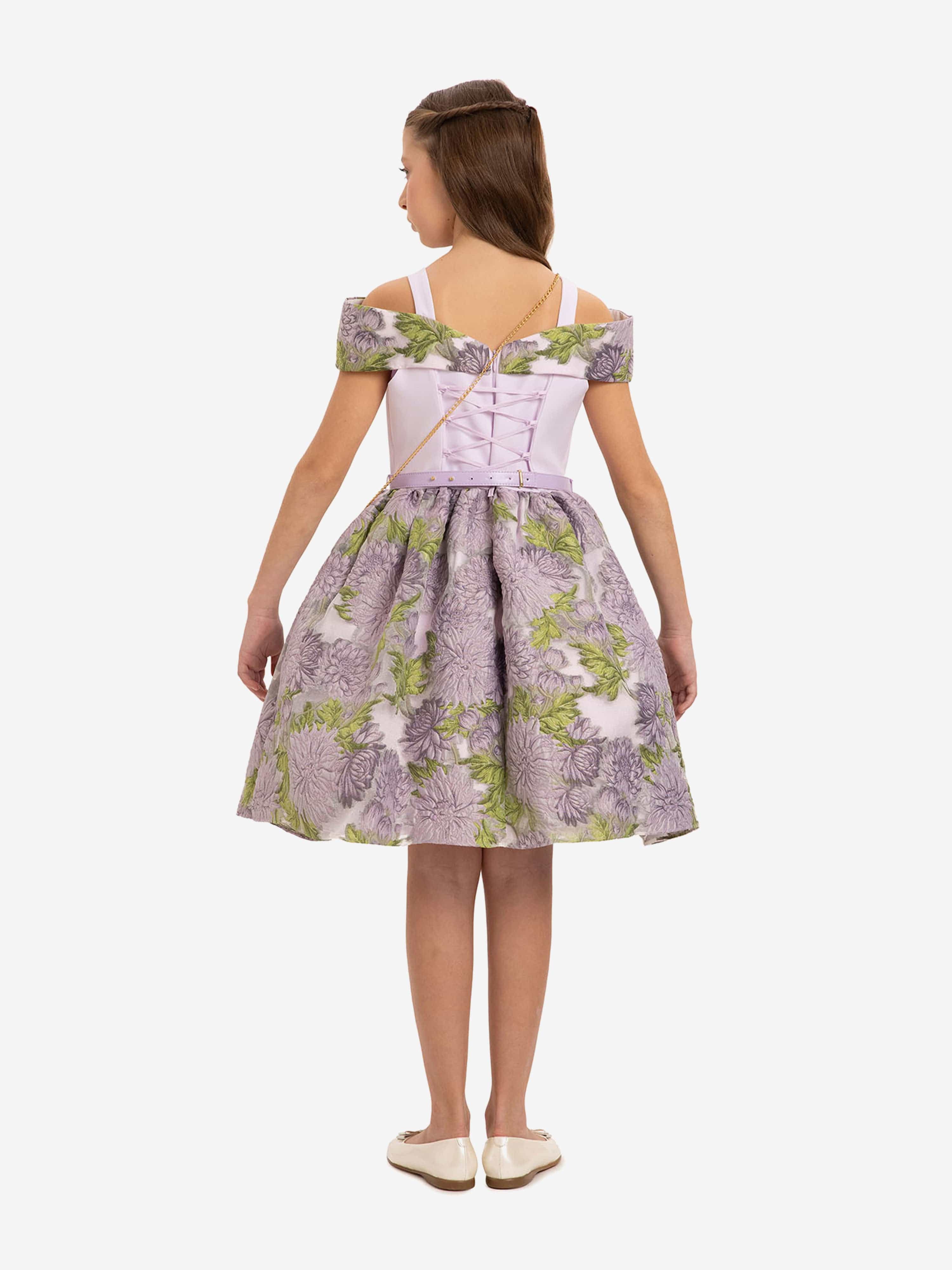 DRESS & Fleur Girls Purple Jacquard Floral Dress and Bag Set