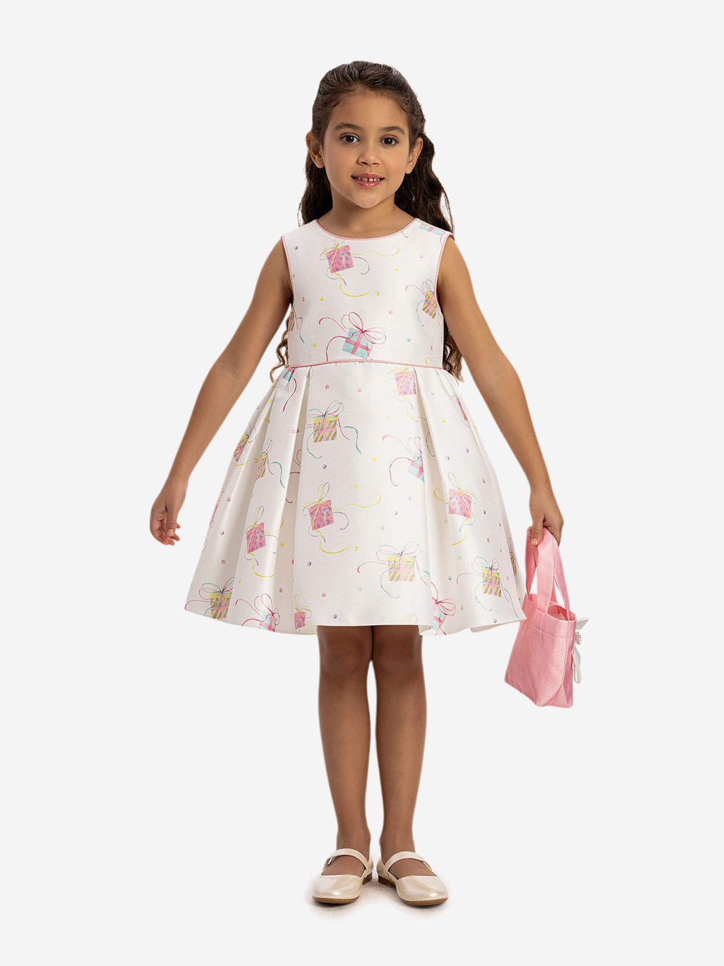 DRESS & Fleur Girls Pink Jacquard Party Dress with Bag | Cotton Lined
