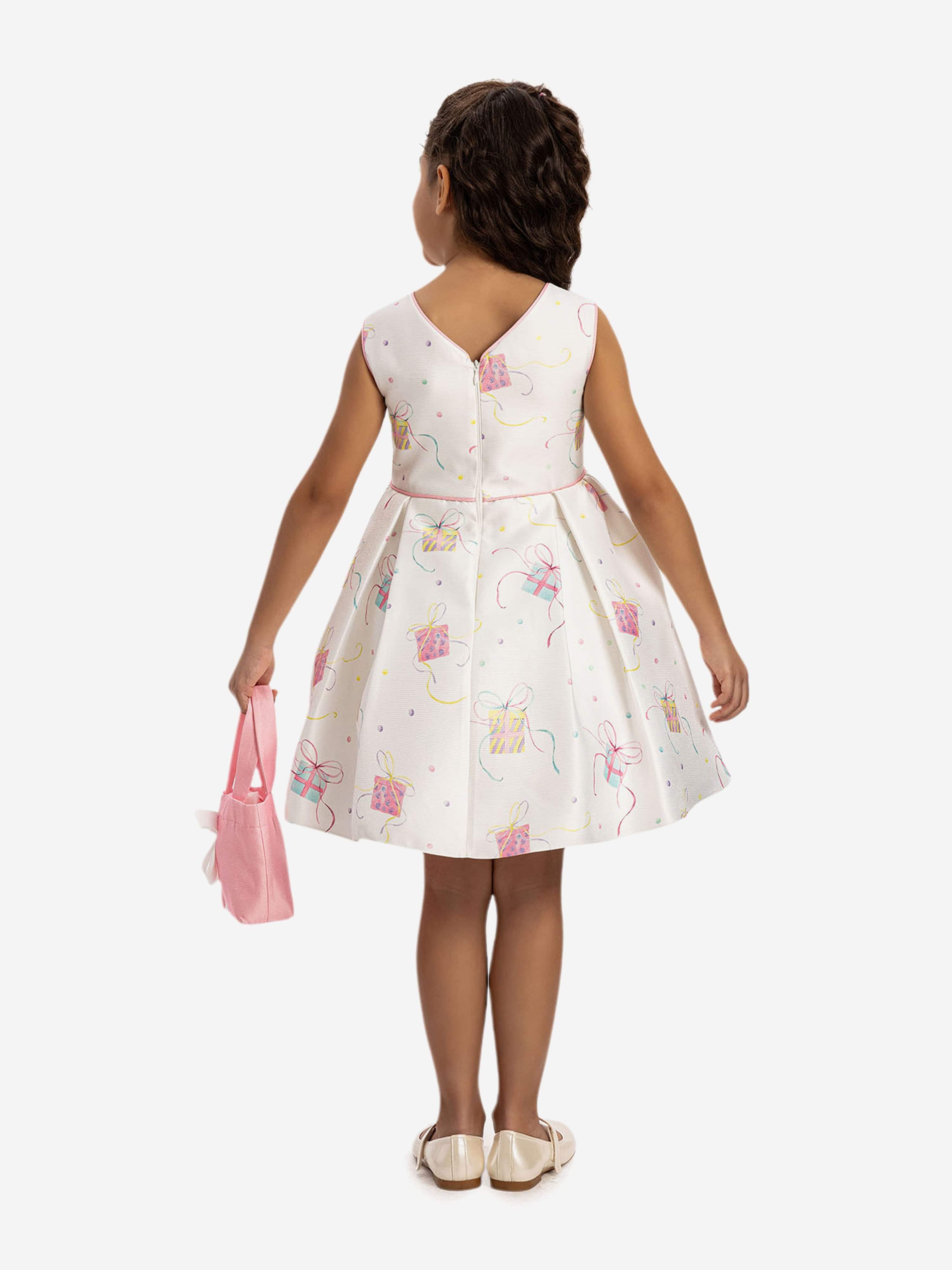 DRESS & Fleur Girls Pink Jacquard Party Dress with Bag | Cotton Lined