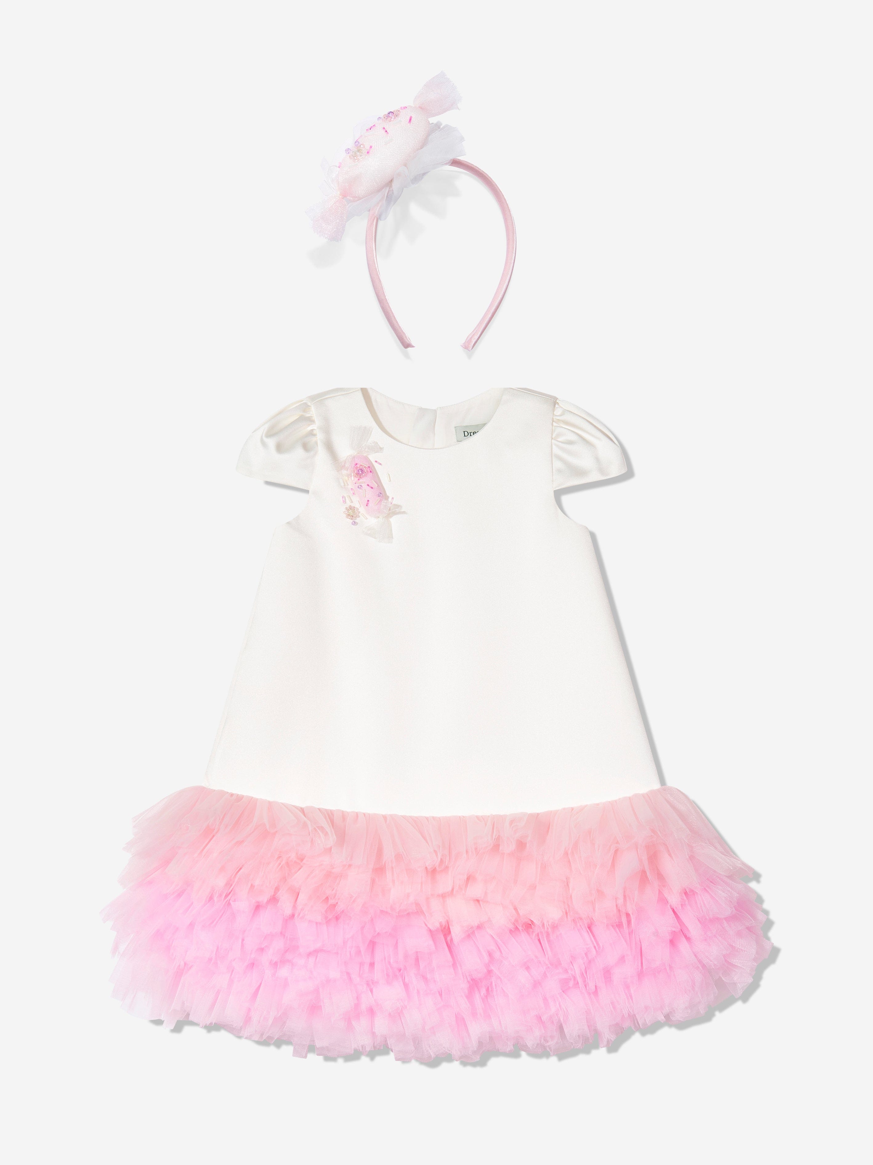 DRESS & Fleur Girls Ivory Tulle Occasion Dress with Floral Headband