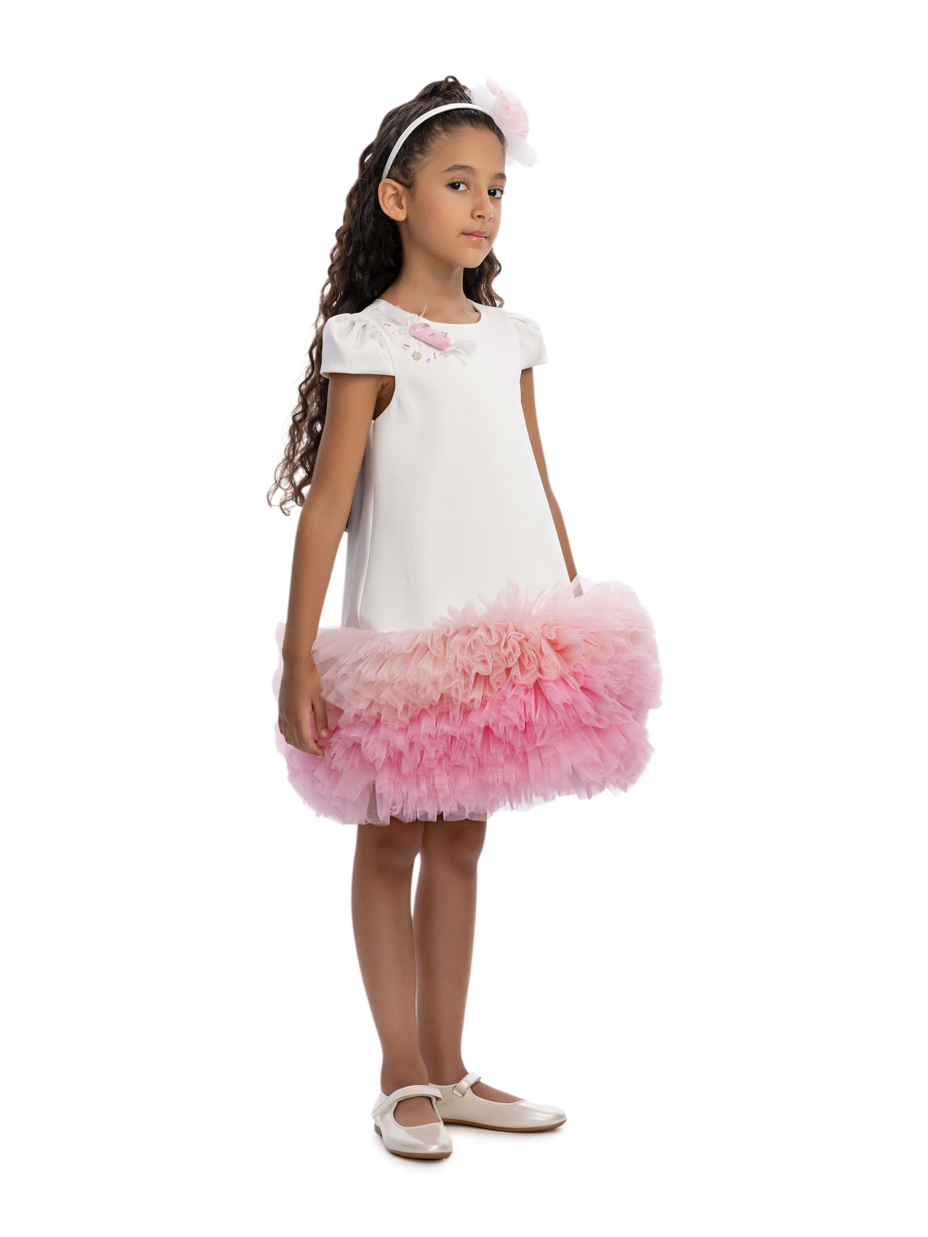 DRESS & Fleur Girls Ivory Tulle Occasion Dress with Floral Headband