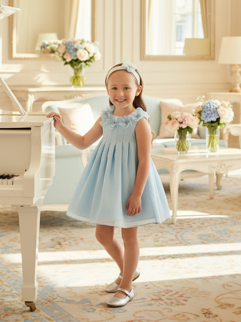 DRESS & Fleur Baby Girls Blue Organza Occasion Dress with Headband