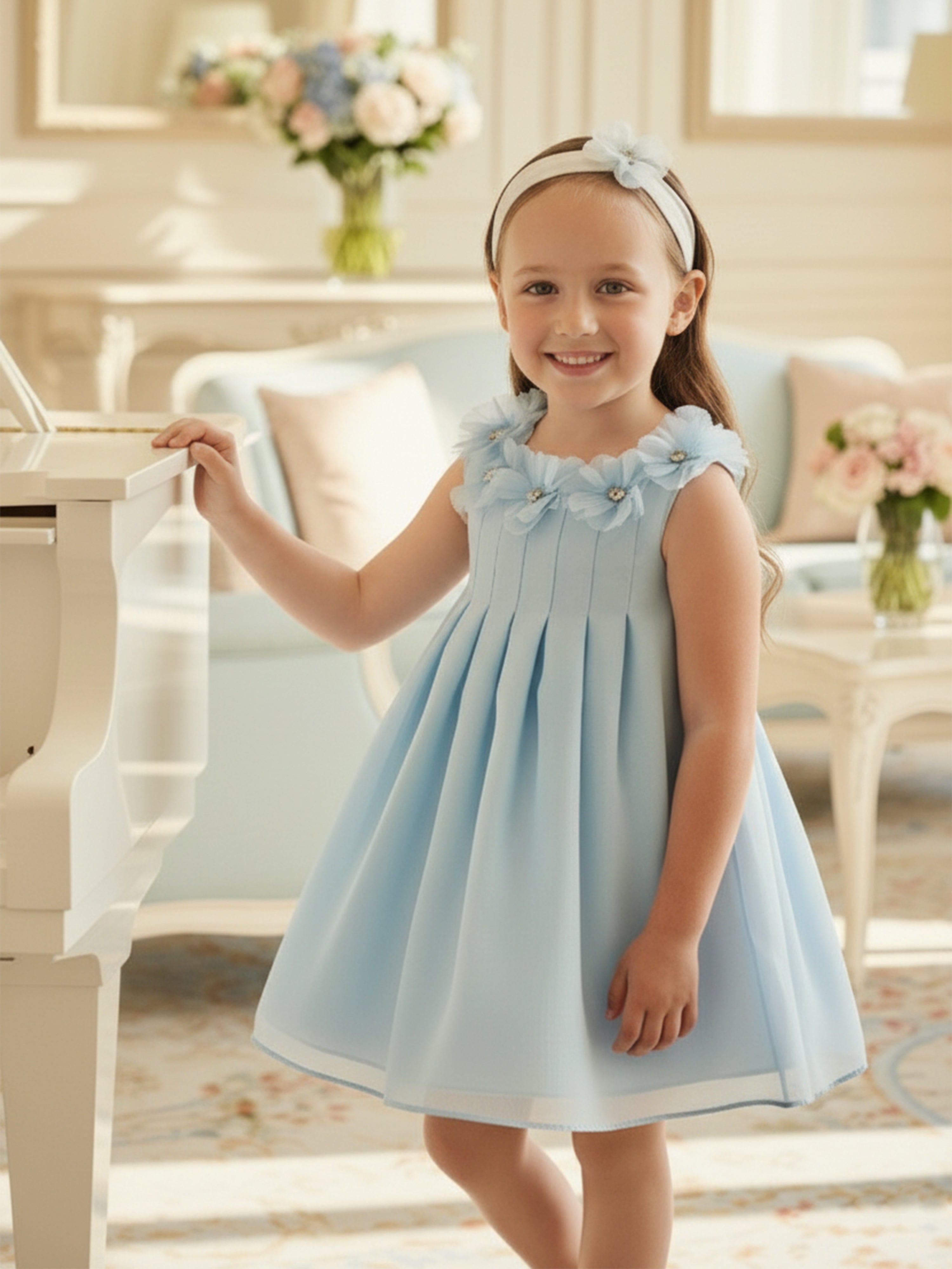 DRESS & Fleur Baby Girls Blue Organza Occasion Dress with Headband