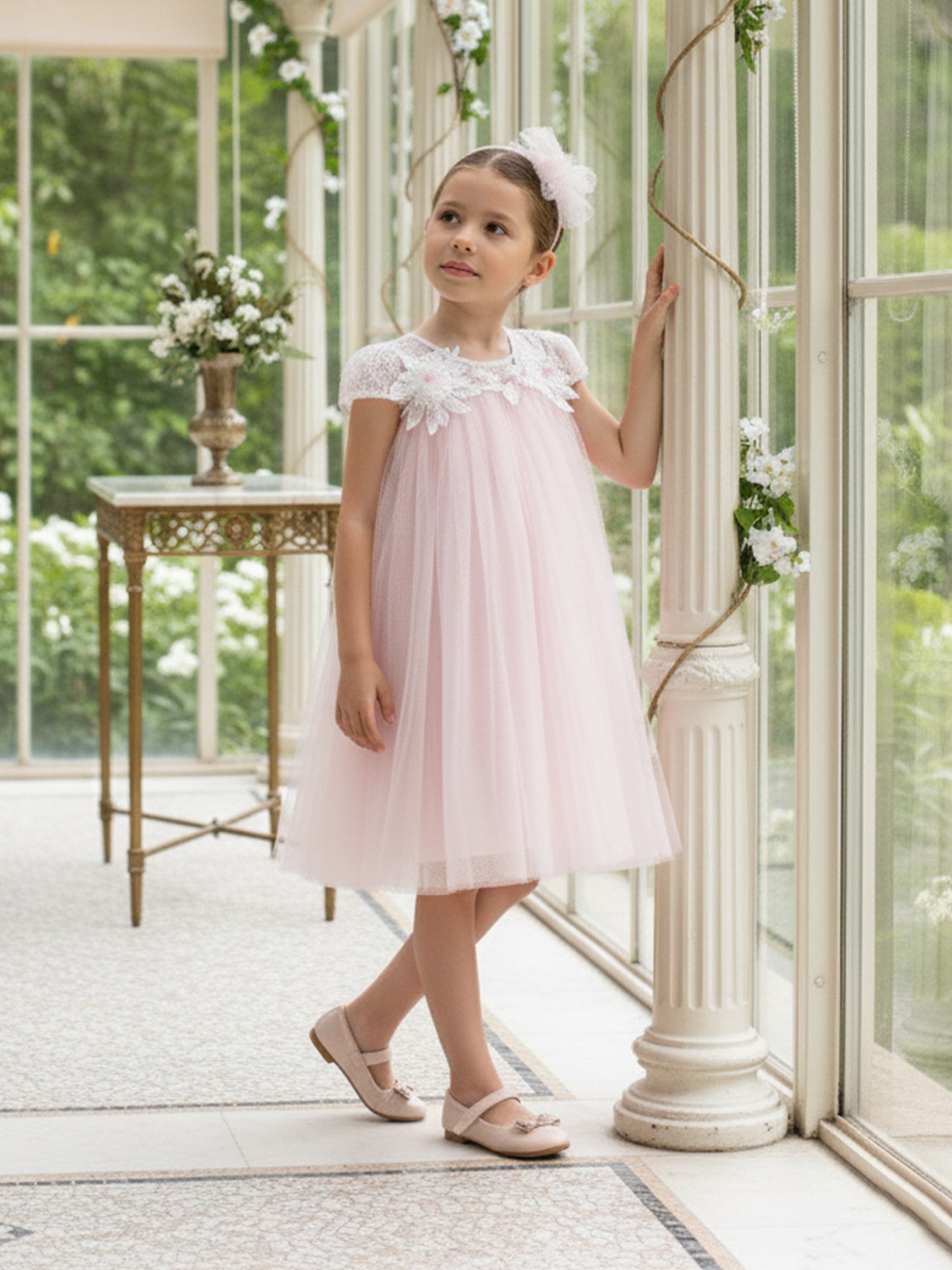 DRESS & Fleur Girls Pink Flower Occasion Dress with Headband