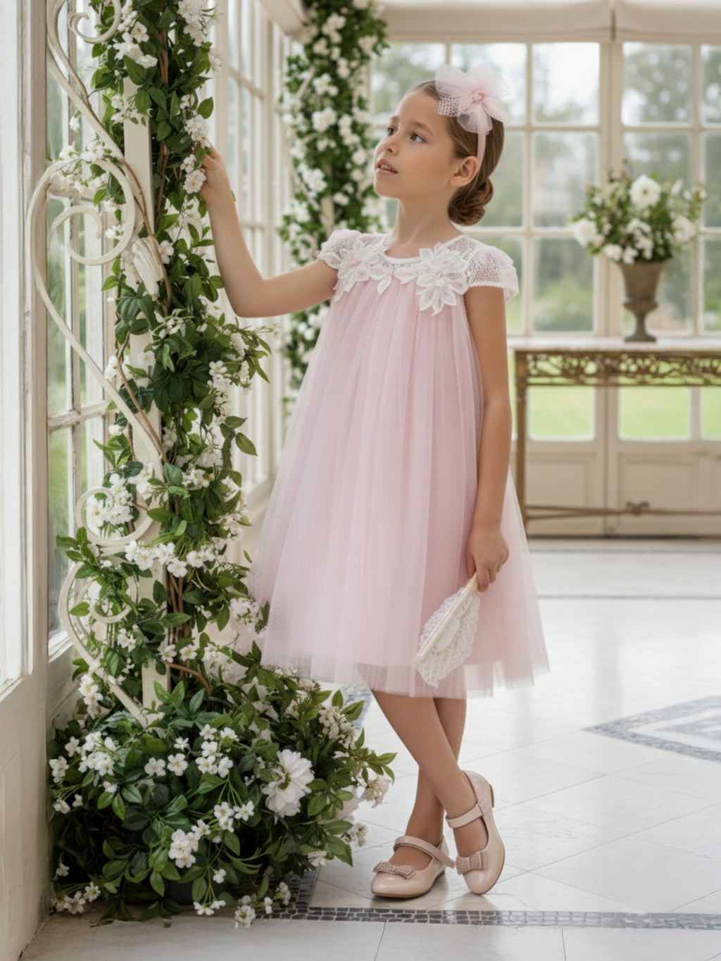 DRESS & Fleur Girls Pink Flower Occasion Dress with Headband