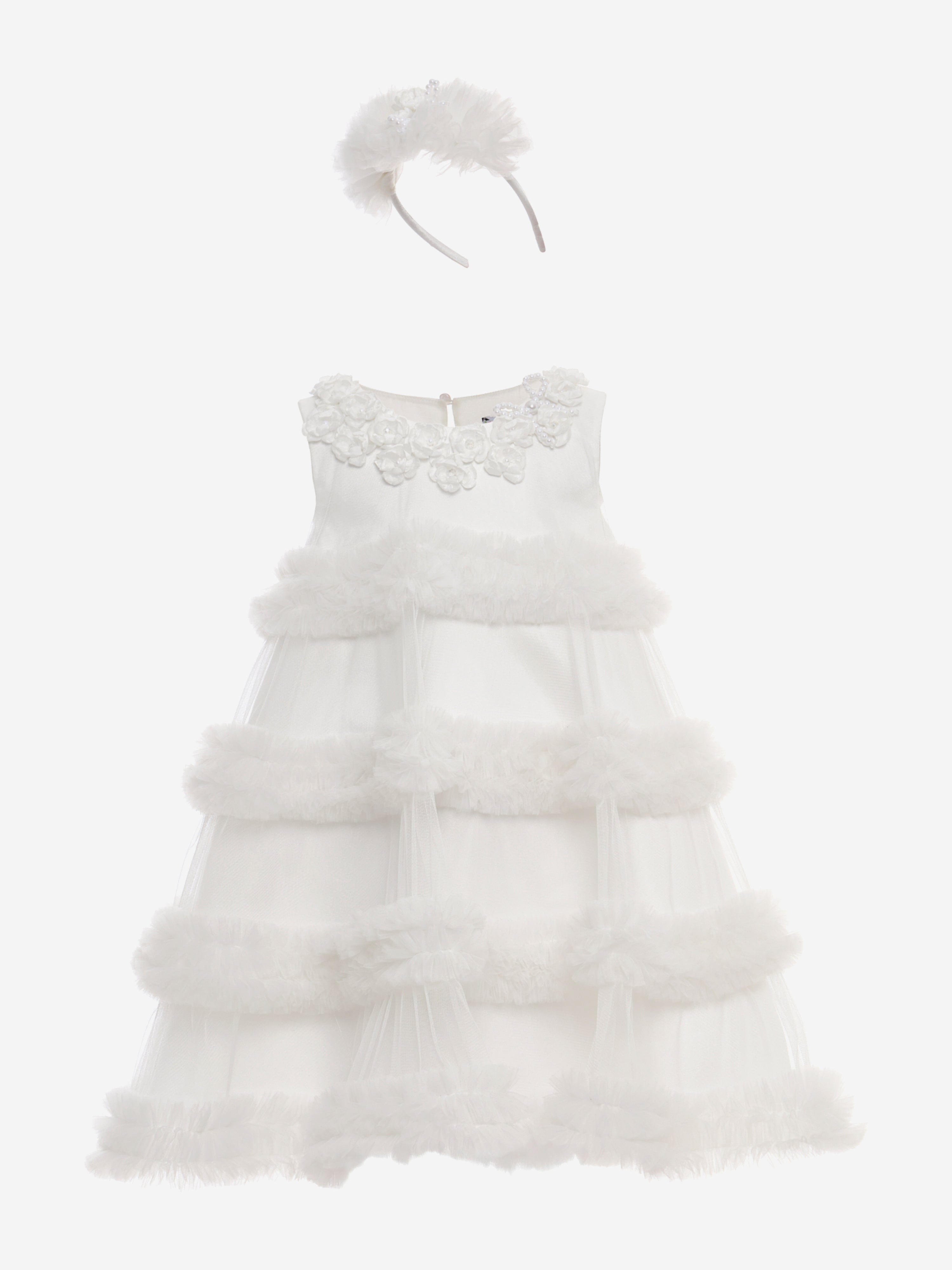 DRESS & Fleur Girls Ivory Tulle Occasion Dress and Headband Set