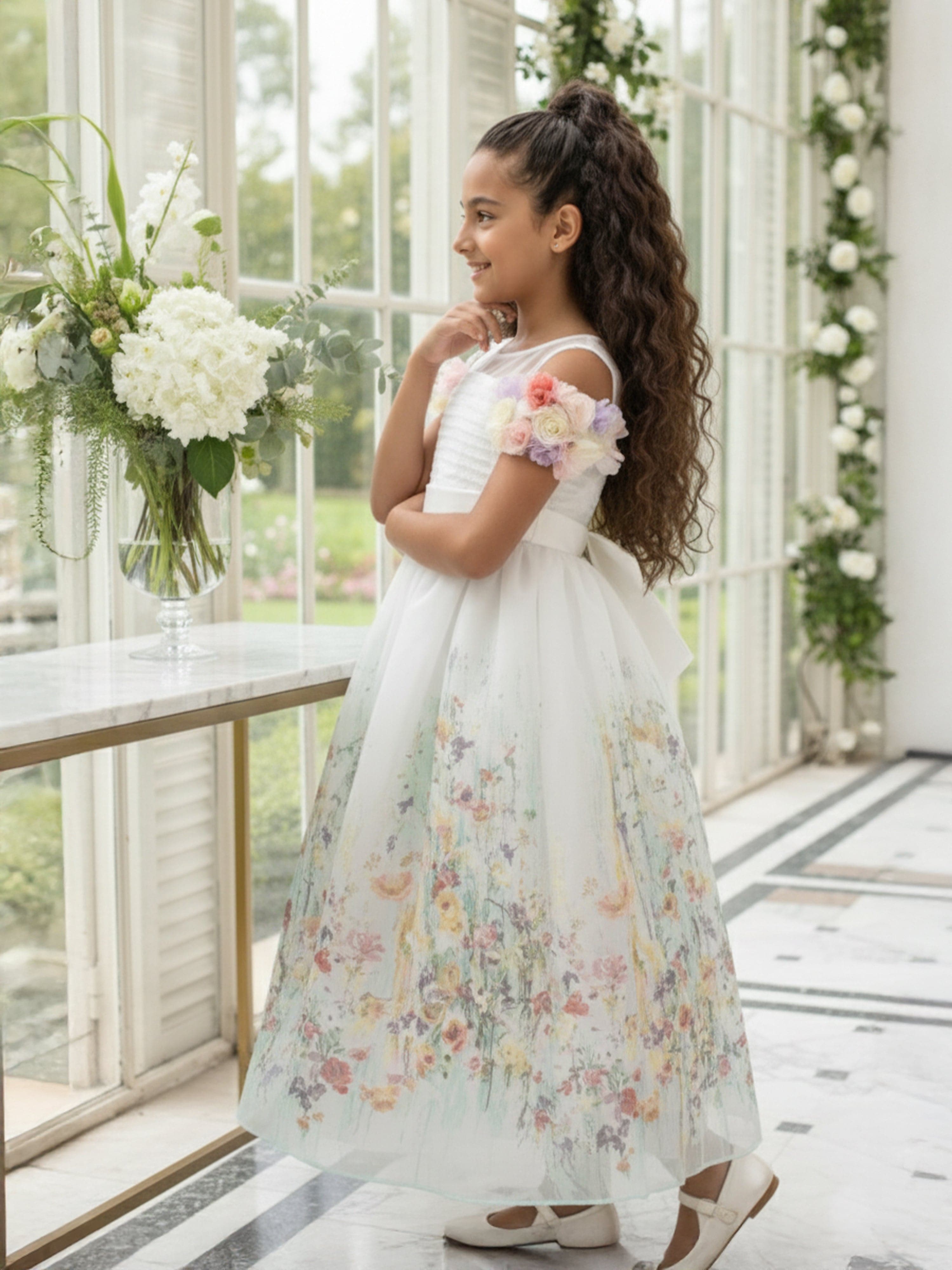 DRESS & Fleur Girls Floral Organza Occasion Dress in Ivory | Childsplay
