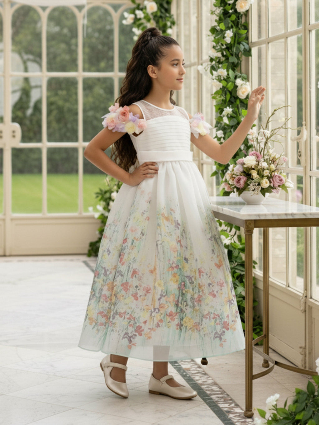DRESS & Fleur Girls Floral Organza Occasion Dress in Ivory | Childsplay