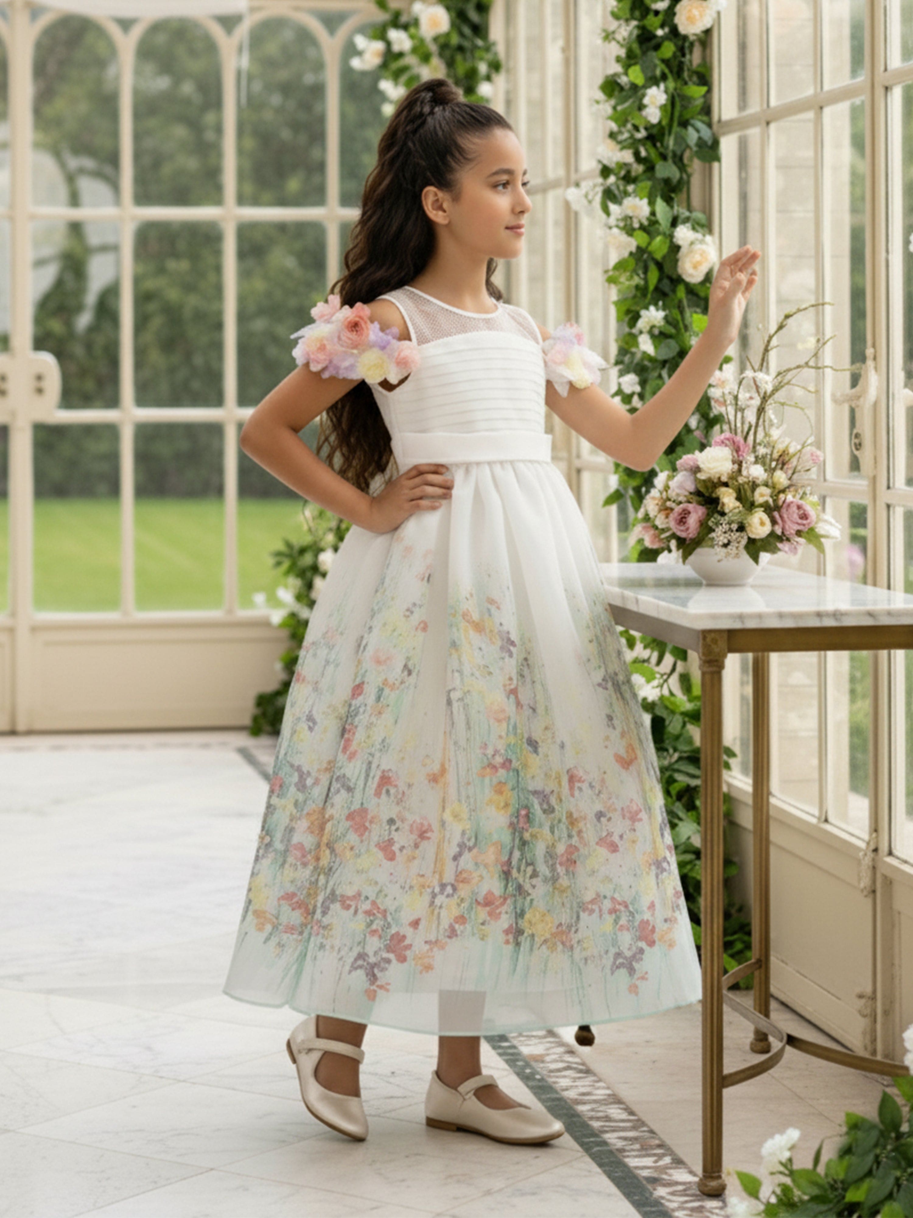 DRESS & Fleur Girls Floral Organza Occasion Dress in Ivory | Childsplay